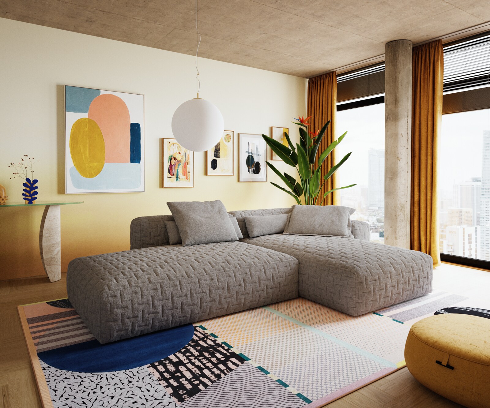 Ъглов диван Freestyle 310x200 cm текстурирана тъкан меко сиво ватирано