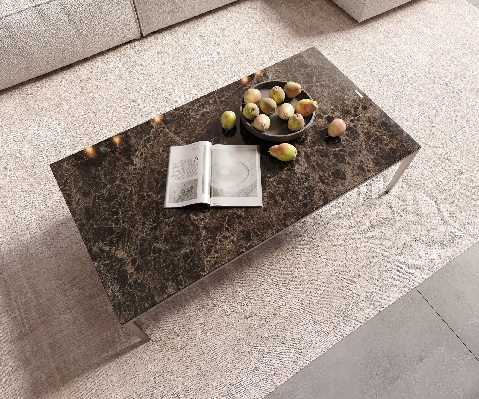 Масичка за кафе Levente 110x60 cm Керамичен ламинат®Emperador Extra Lucidato Тъмно кафяво Рамка от неръждаема стомана сребро 3