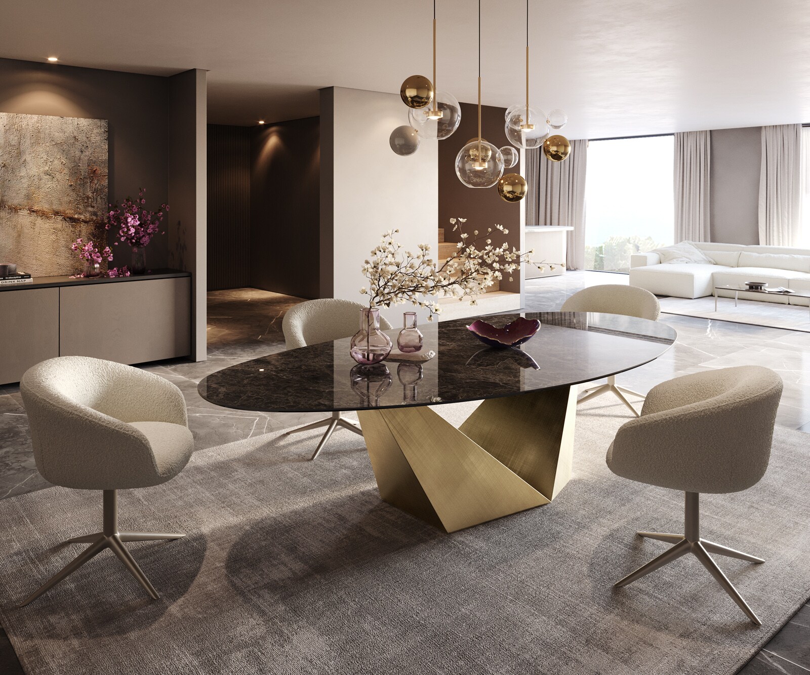 Трапезна маса Edge Oval 280x130 Ceramic Laminam® Emperador Extra Lucidato Dark brown Prisma Metallic Gold 8