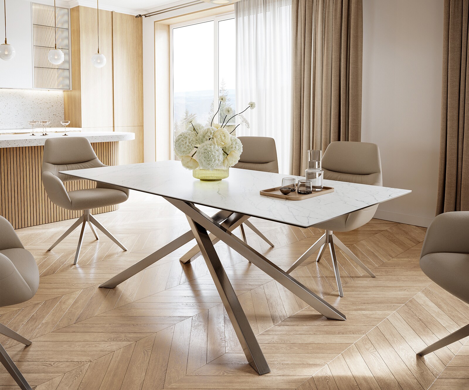 Маса 200x100cm Keramik Laminam®Statuarietto Бял КръстРамка Правоъгълник Неръждаема стомана Edge