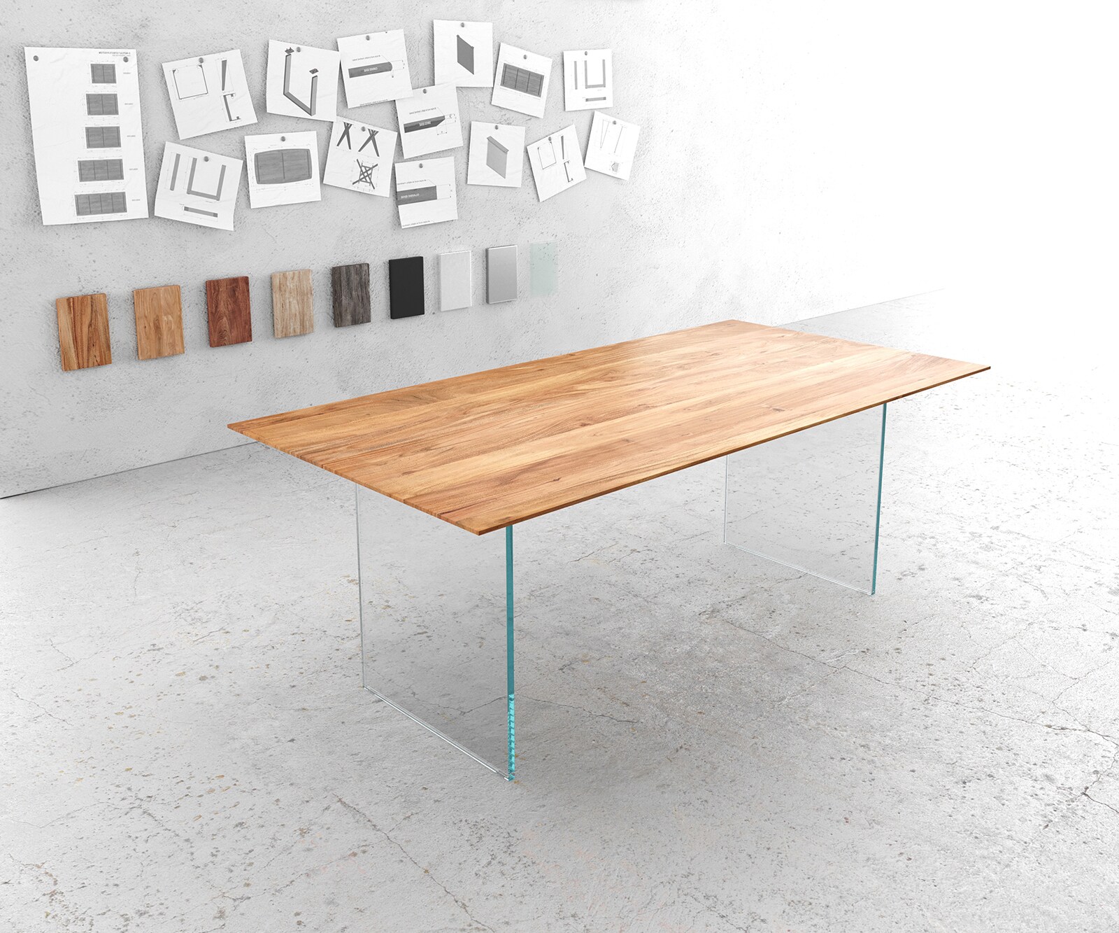 Маса 200x100 cm Акация Натурал Рамка Стъкло Швейцарски ръб Edge