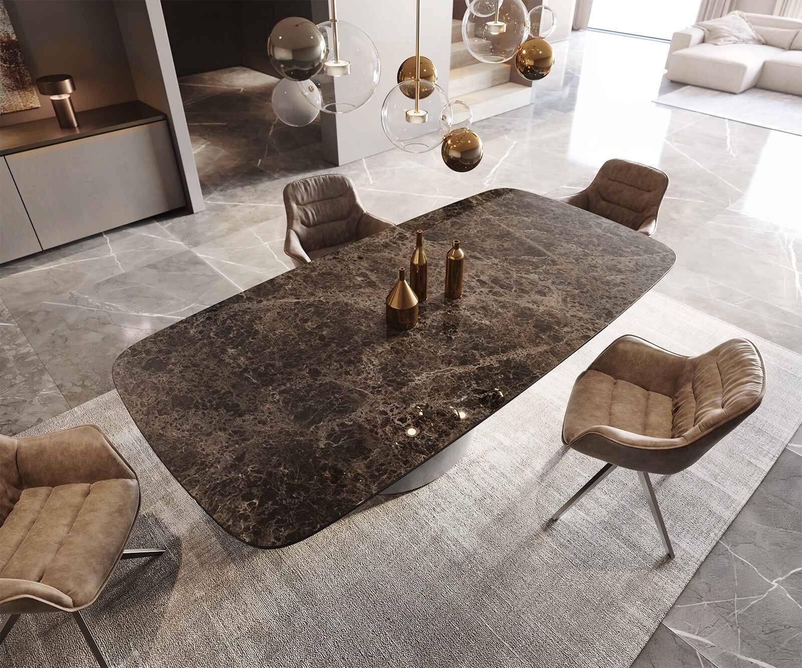 Трапезна маса Edge Boot 240x120 Керамичен ламинат® Emperador Extra Lucidato Тъмно кафяво Cono Metallic Silver 3