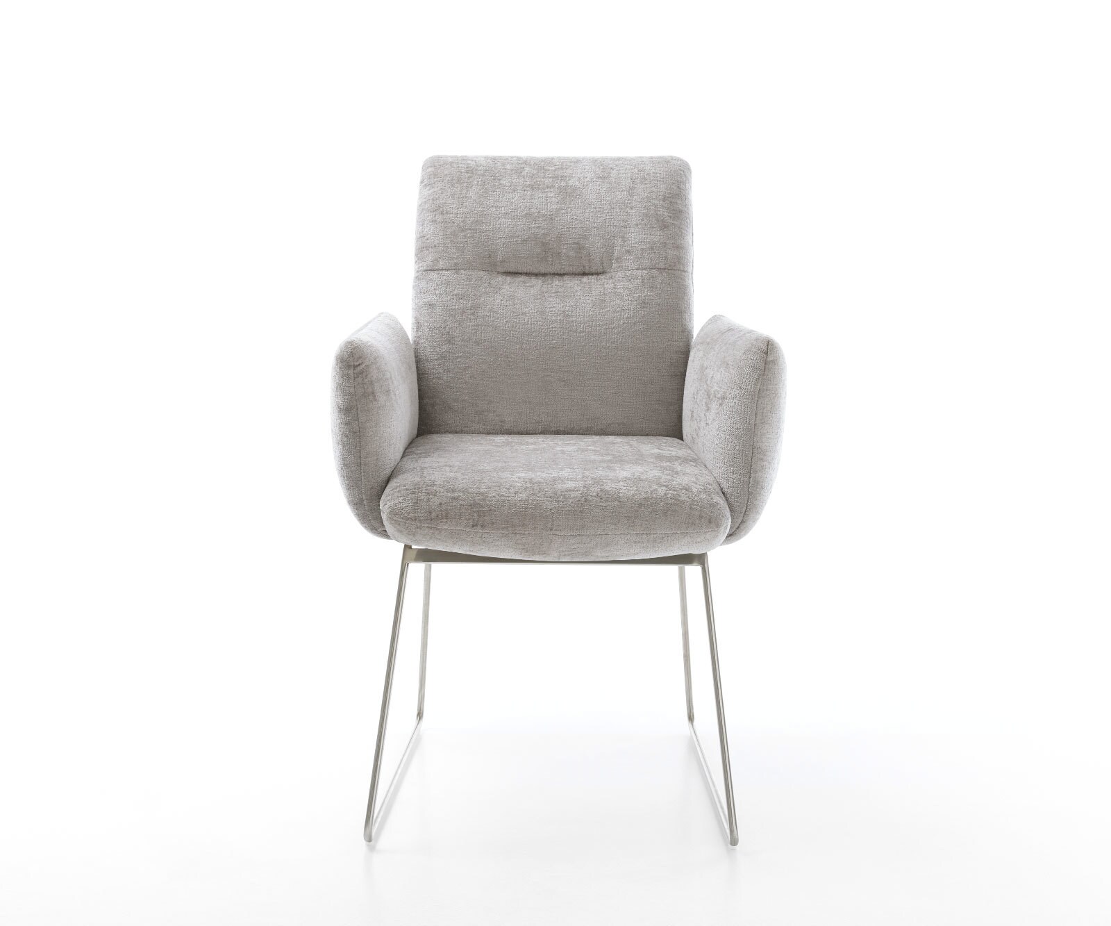 Трапезен стол с подлакътници Шенил СребристСив Извити крака Неръждаема стомана Покет пружина Jova-Flex 2