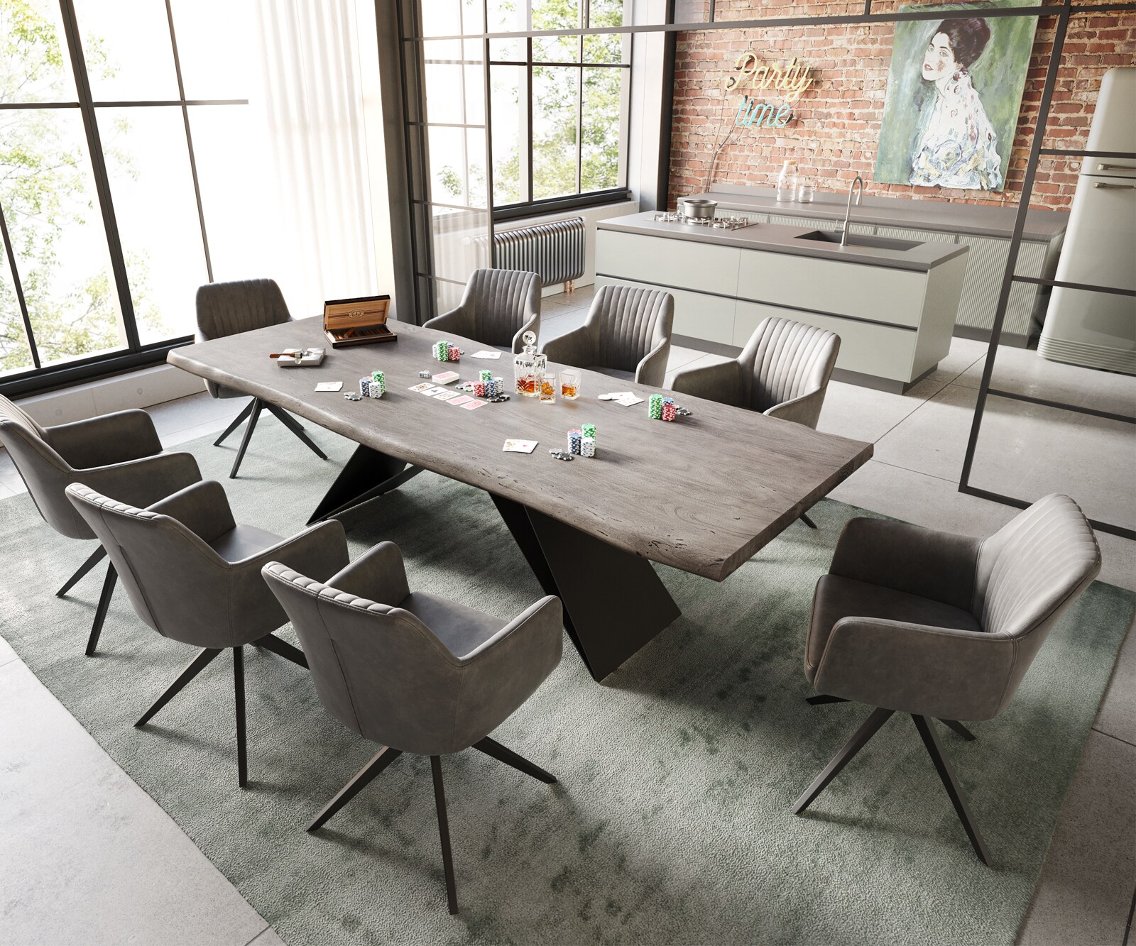 Маса 260x100 XL Акация Платинен цвят V-Рамка плоска стомана Черен Edge 4