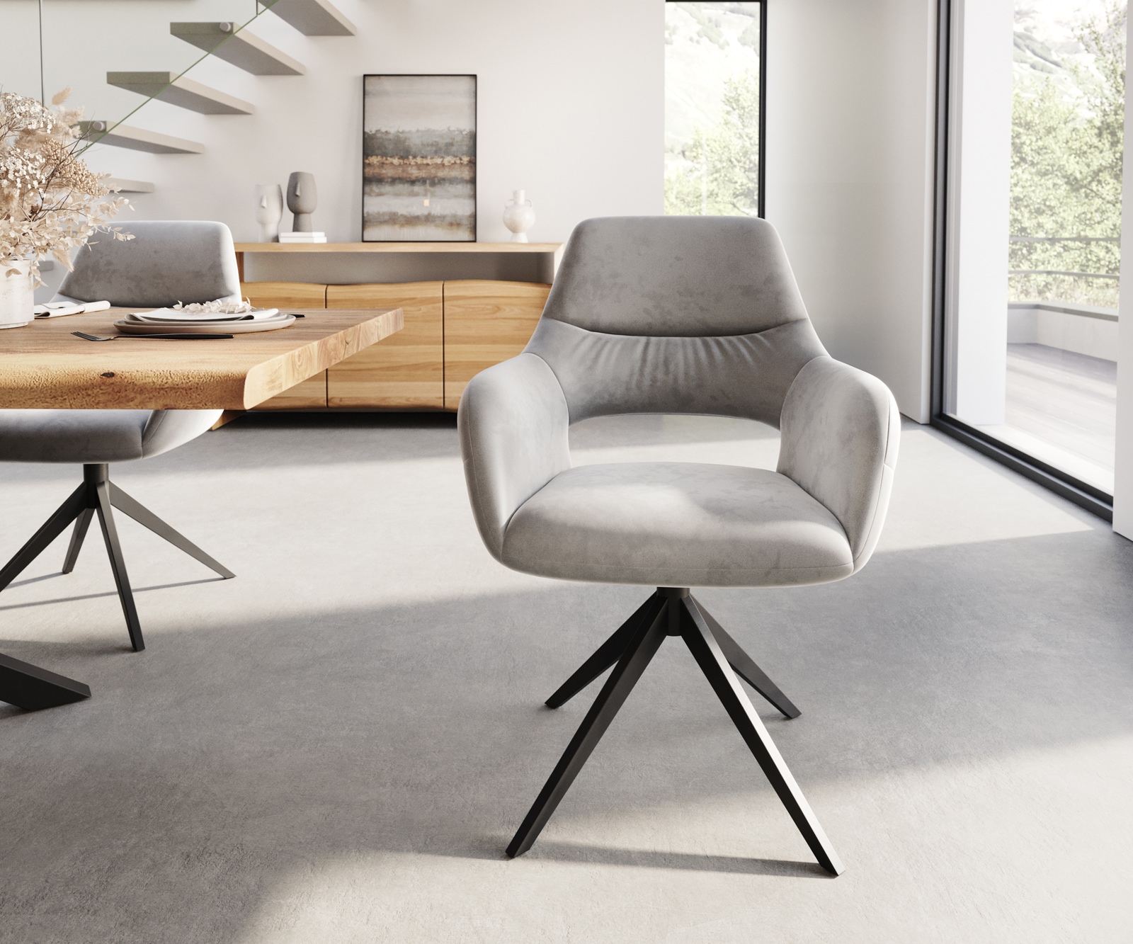 Врътящ се стол с подлакътници Кадифе Сив Конус крак плосък Черен 360° въртящ се Yago-Flex 1 Врътящ се стол с подлакътници Кадифе Сив Конус крак плосък Черен 360° въртящ се Yago-Flex 1