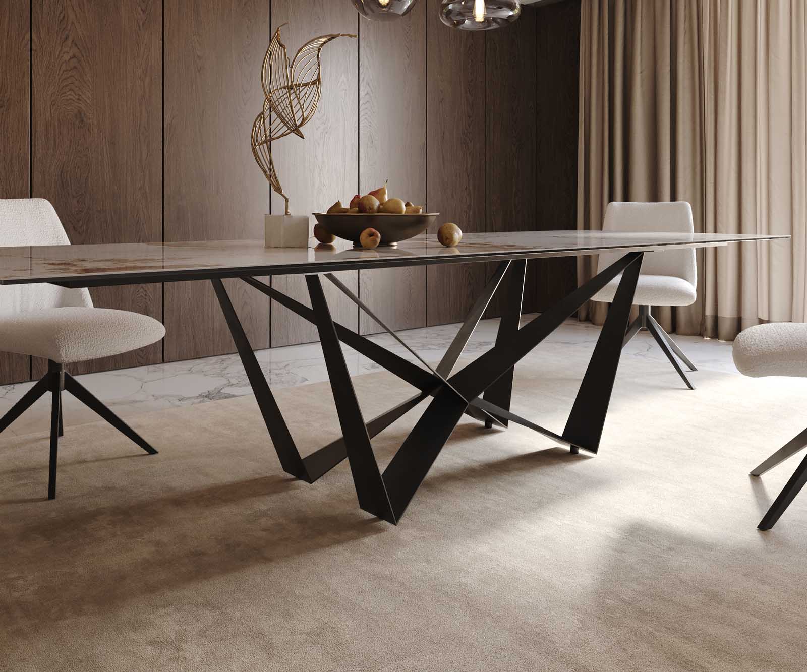 Трапезна маса Edge 300x100, керамика „Minas Melange“ (бяло-бежово), „Spider“ (черна плоска стомана) 7