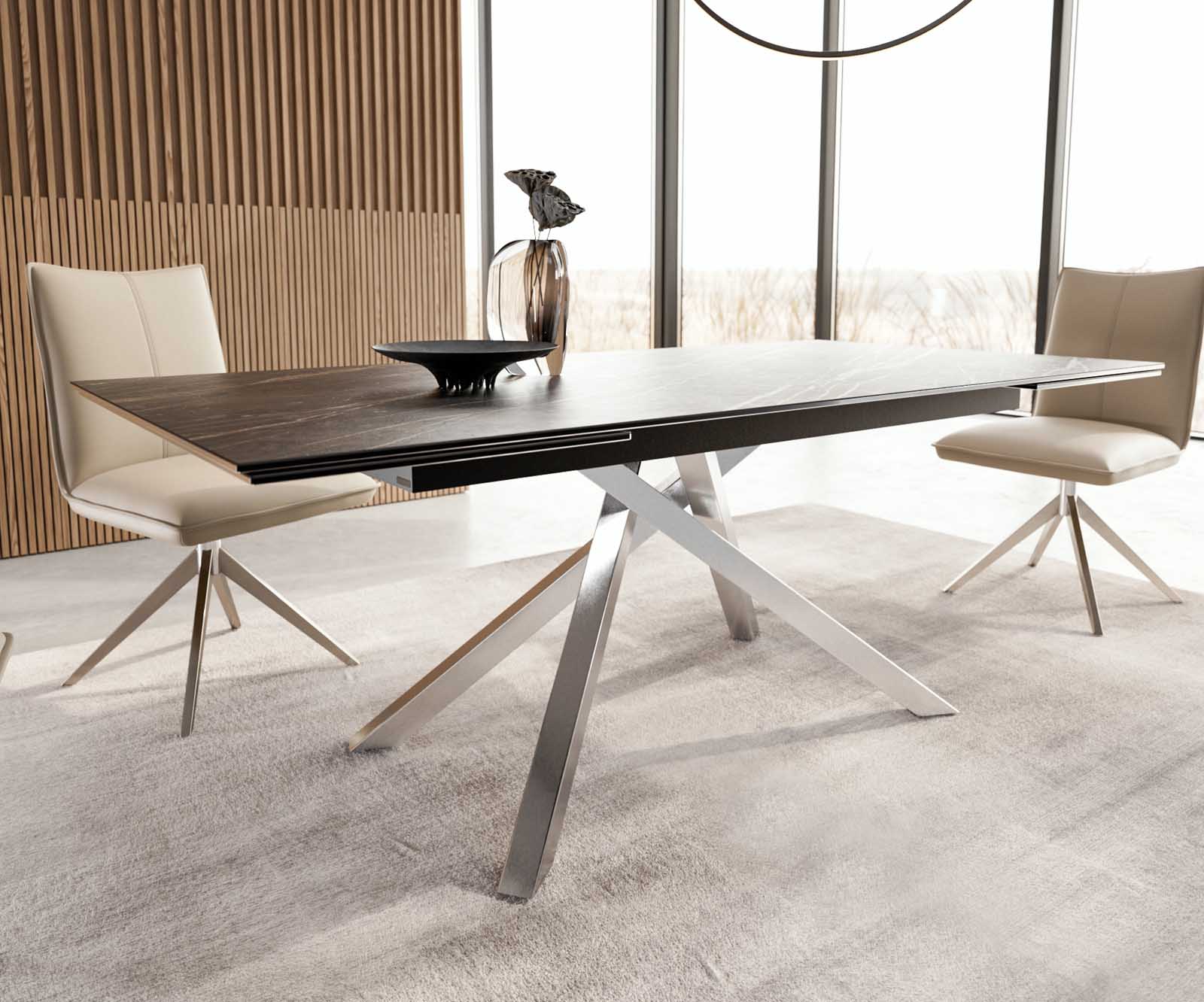 Разтегателна трапезна маса Edge 200-300х100 см Керамика Laminam®Noir Desir Тъмнокафяв Кръсртовидна основа Сребристосив 5