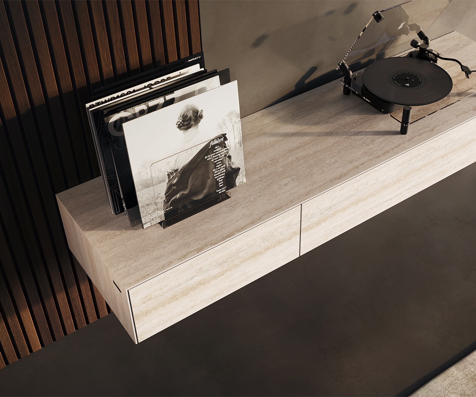 Ниска дъска Cuor 150 см Керамичен ламинат® Travertino Bianco Крем-бяло 1 клапа 1 чекмедже Плаващо 4