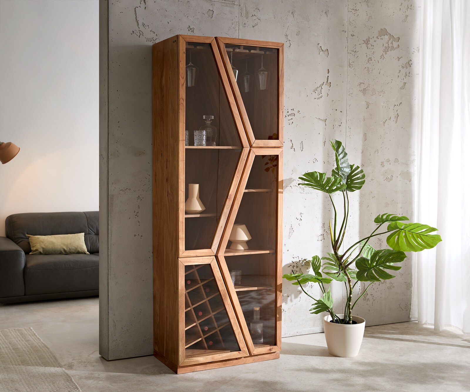 Витрина Taza 75x210 см, естествена акация, 4 врати, шкаф за алкохол
