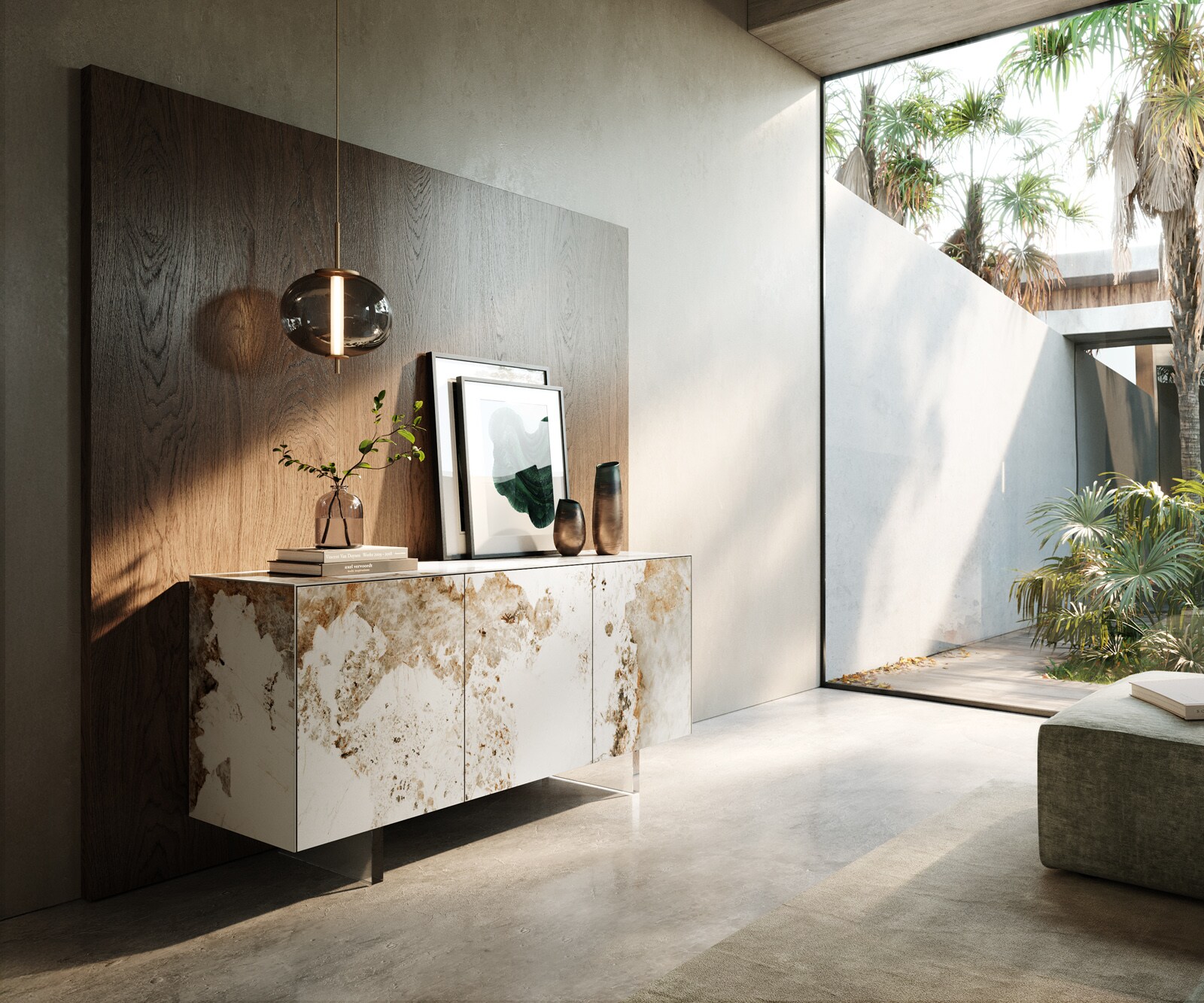 Шкаф Cuor 150 cm Керамичен Minas Melange Бяло-бежово 3 врати Foot Плаващ вид акрилно стъкло