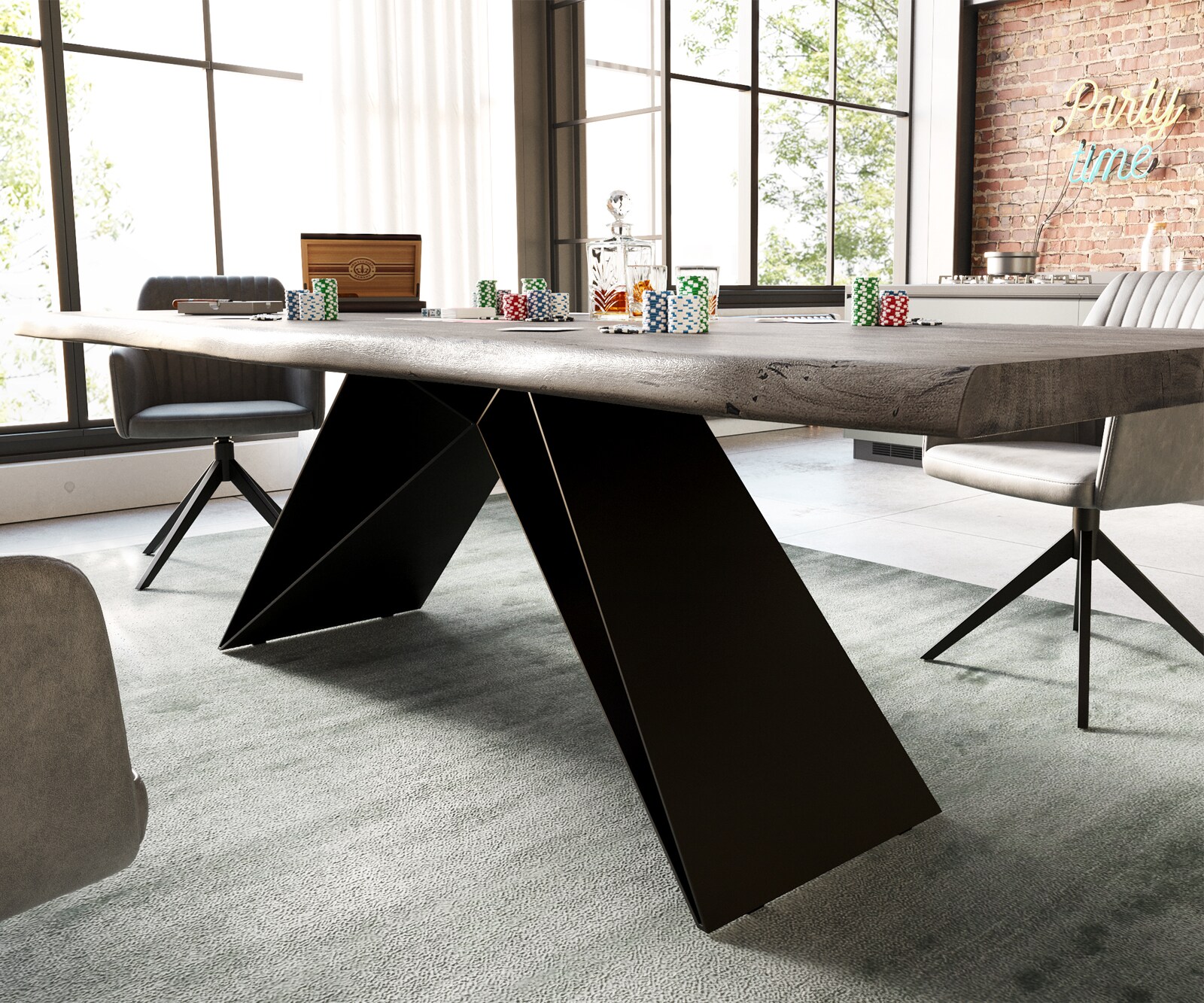 Трапезна маса Edge 260x100 XL от акация, цвят „Платина“, V-образна рамка от плоска стомана, черна, с естествени ръбове 3