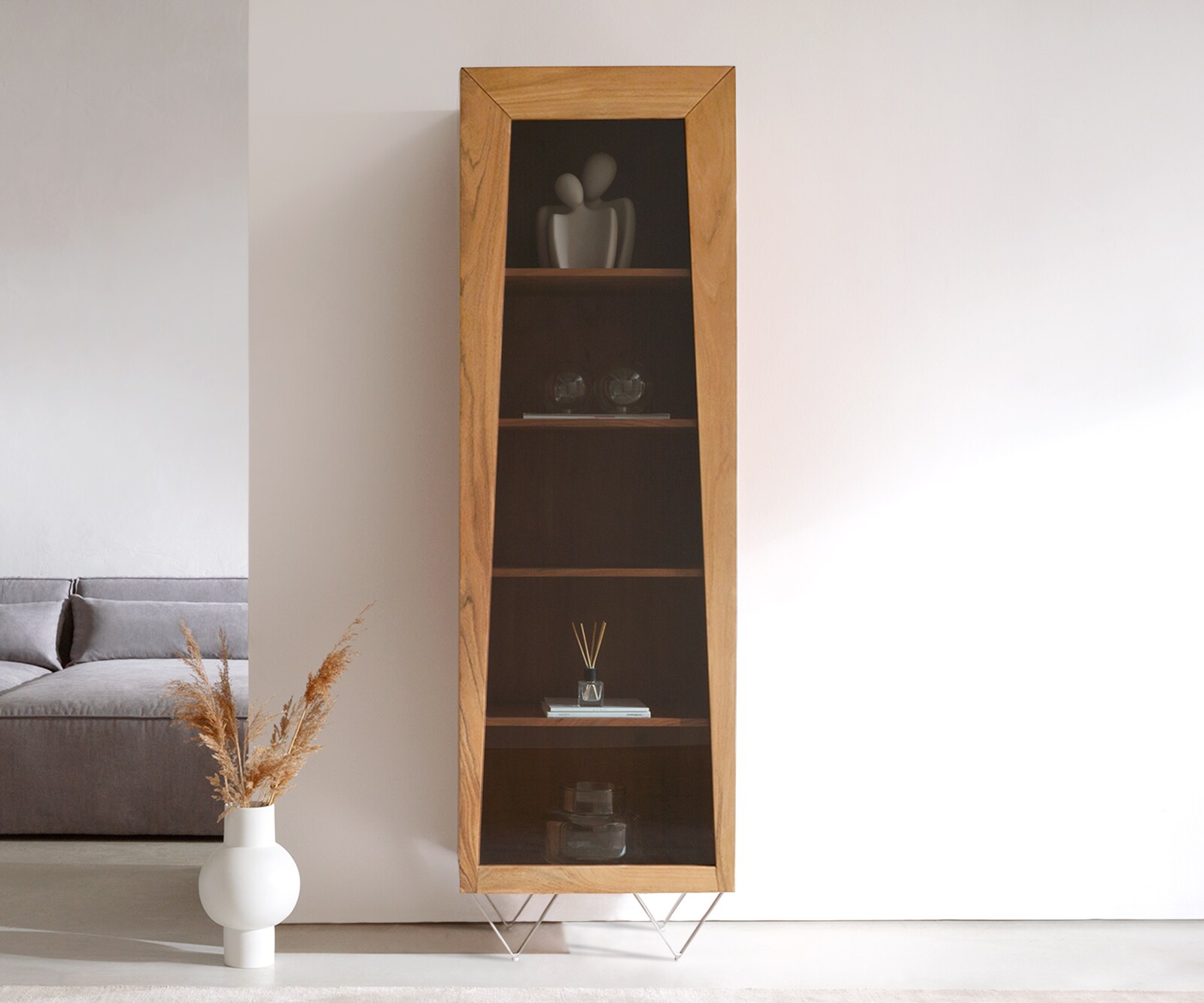 Висок шкаф 55x180 cm Акация Натурал витрина 1 Врата V-Крак Kayu 1