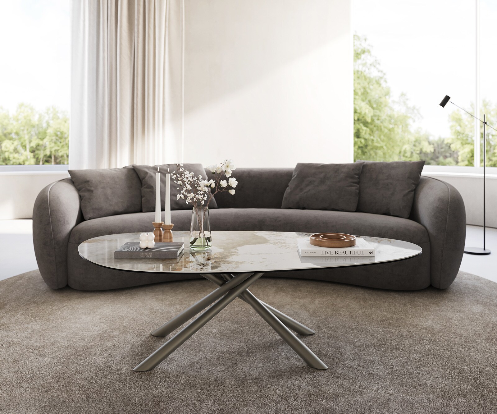 Масичка за кафе Edge Oval 140x75 cm керамика Minas Melange Sarity метален ефект покритие титан 2