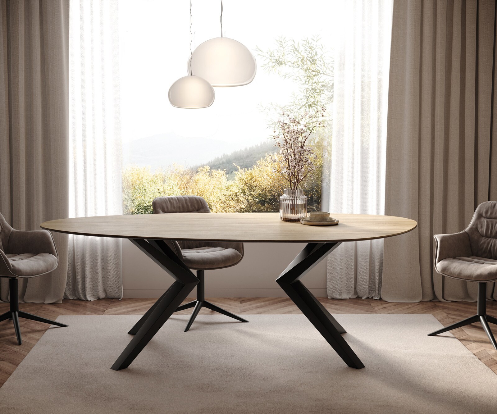 Трапезна маса Edge Oval 220x120, керамика Laminam „®“, цвят „Sabbia“ (дъбов), Zenthara, с остри ръбове, метал, черна 2