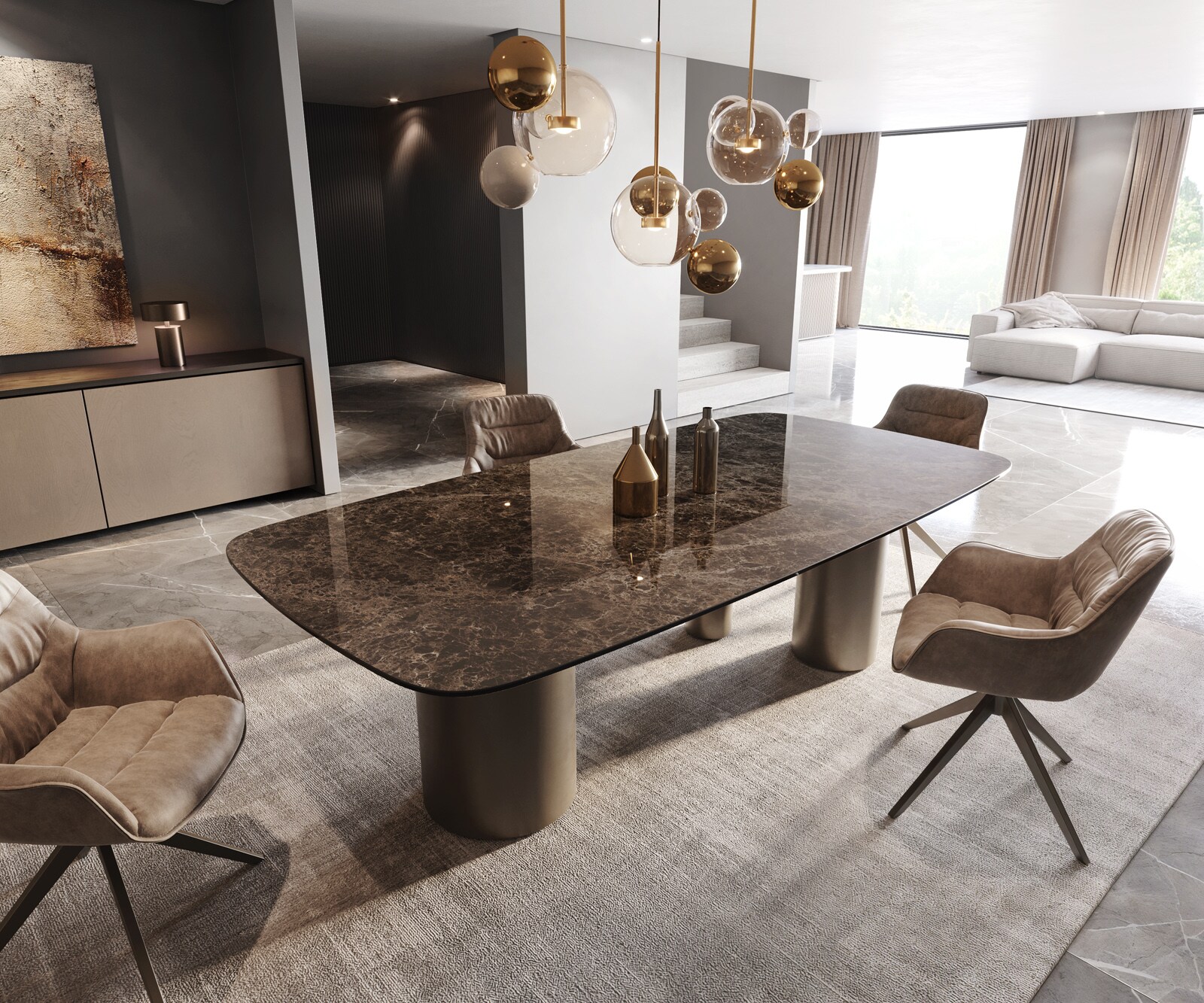 Трапезна маса Edge Boot 240x120, керамика Laminam „®“, Emperador Extra Lucidato, тъмнокафяво, Troa, метално покритие с ефект „Титан“ 1