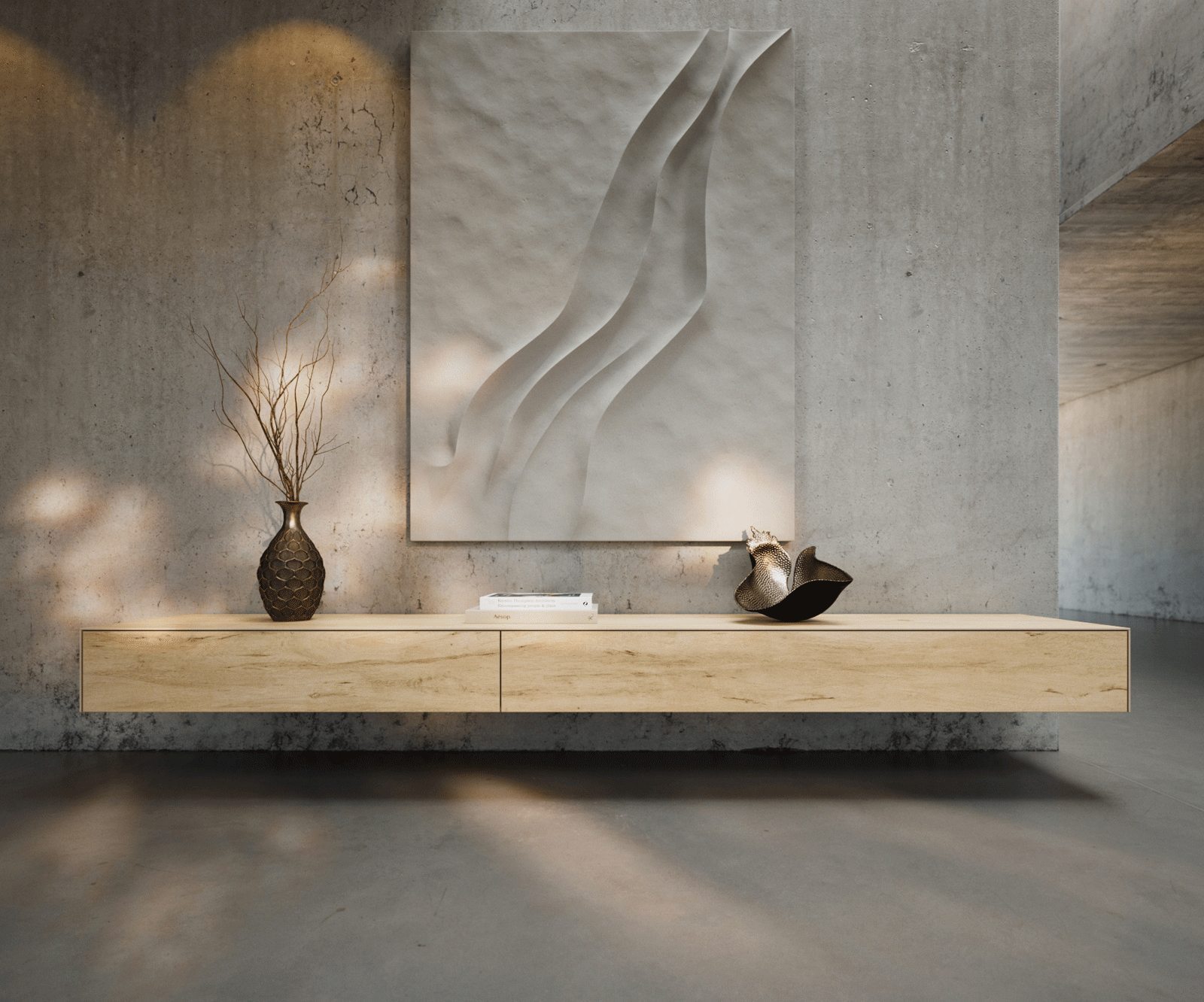 Ниска дъска Cuor 250 см Керамичен ламинат® Sabbia Дъб цвят 1 клапа 1 чекмедже Плаващ 2