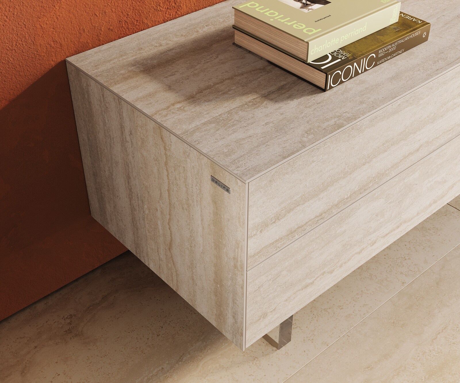 ТВ шкаф Cuor 180 см Керамика Laminam® Travertino Bianco Крем-бяло 1 врата 2 чекмеджета Основа Акрилно стъкло 6