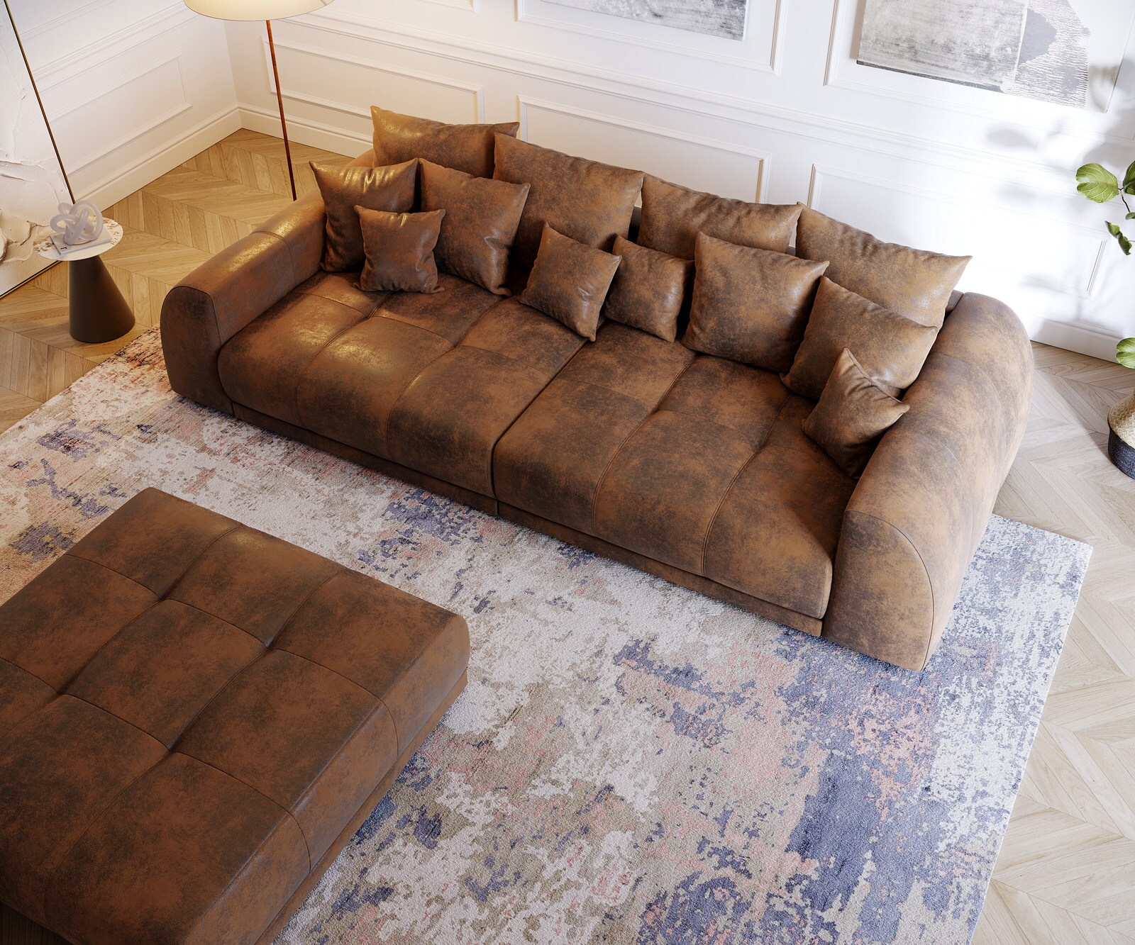 Голям диван 310x135 Кафяв Античен вид с табуретка възглавници Violetta 3 Голям диван 310x135 Кафяв Античен вид с табуретка възглавници Violetta 3