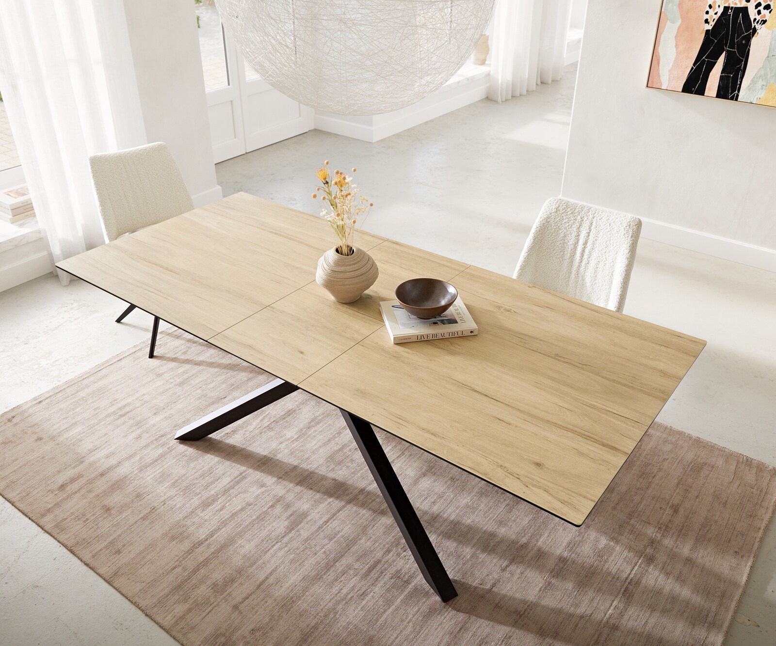 Разтегателна трапезна маса Edge 180-220х100 см Керамика Laminam® Sabbia цвят Дъб Кръсртовидна основа Черен цвят 4