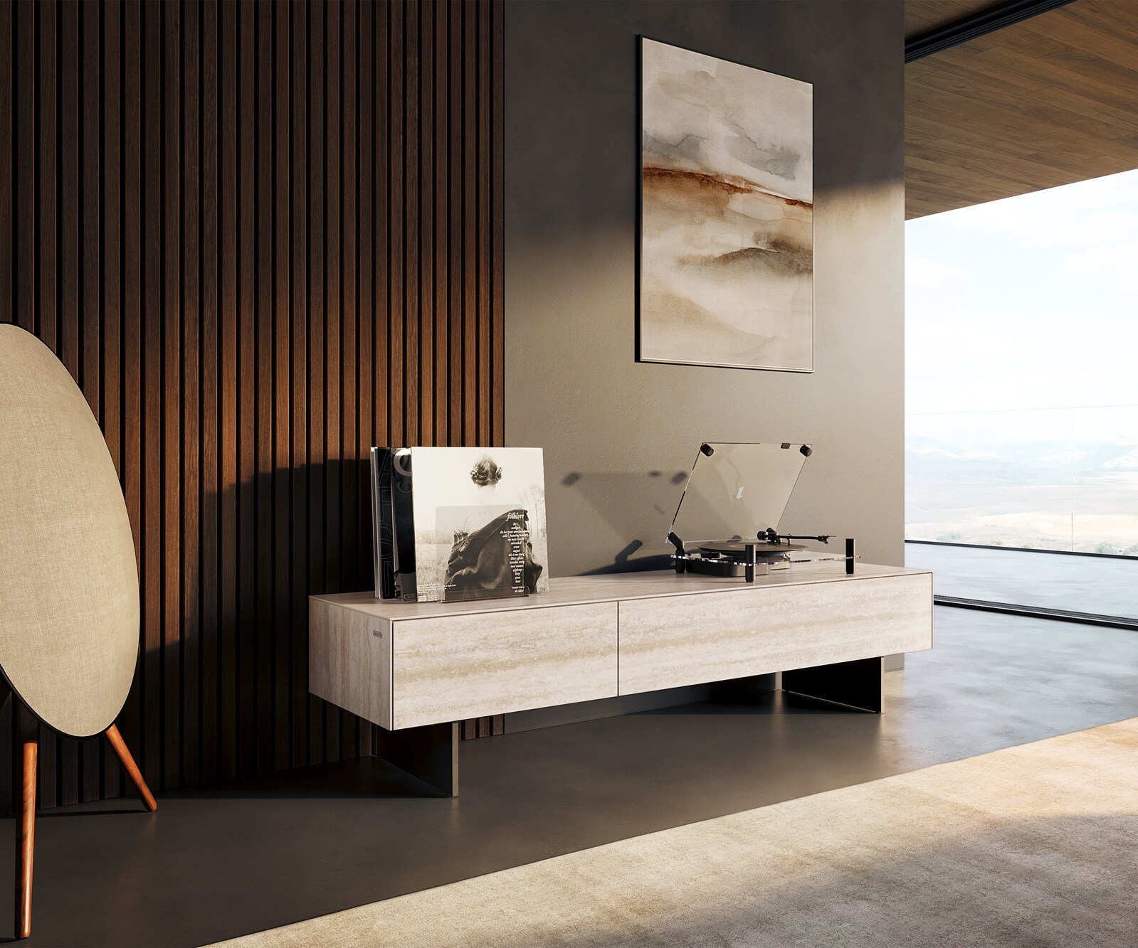 Ниска дъска Cuor 150 см Керамичен ламинат® Travertino Bianco Крем-бяло 1 клапа 1 чекмедже Основа Окачен поглед Метал черен