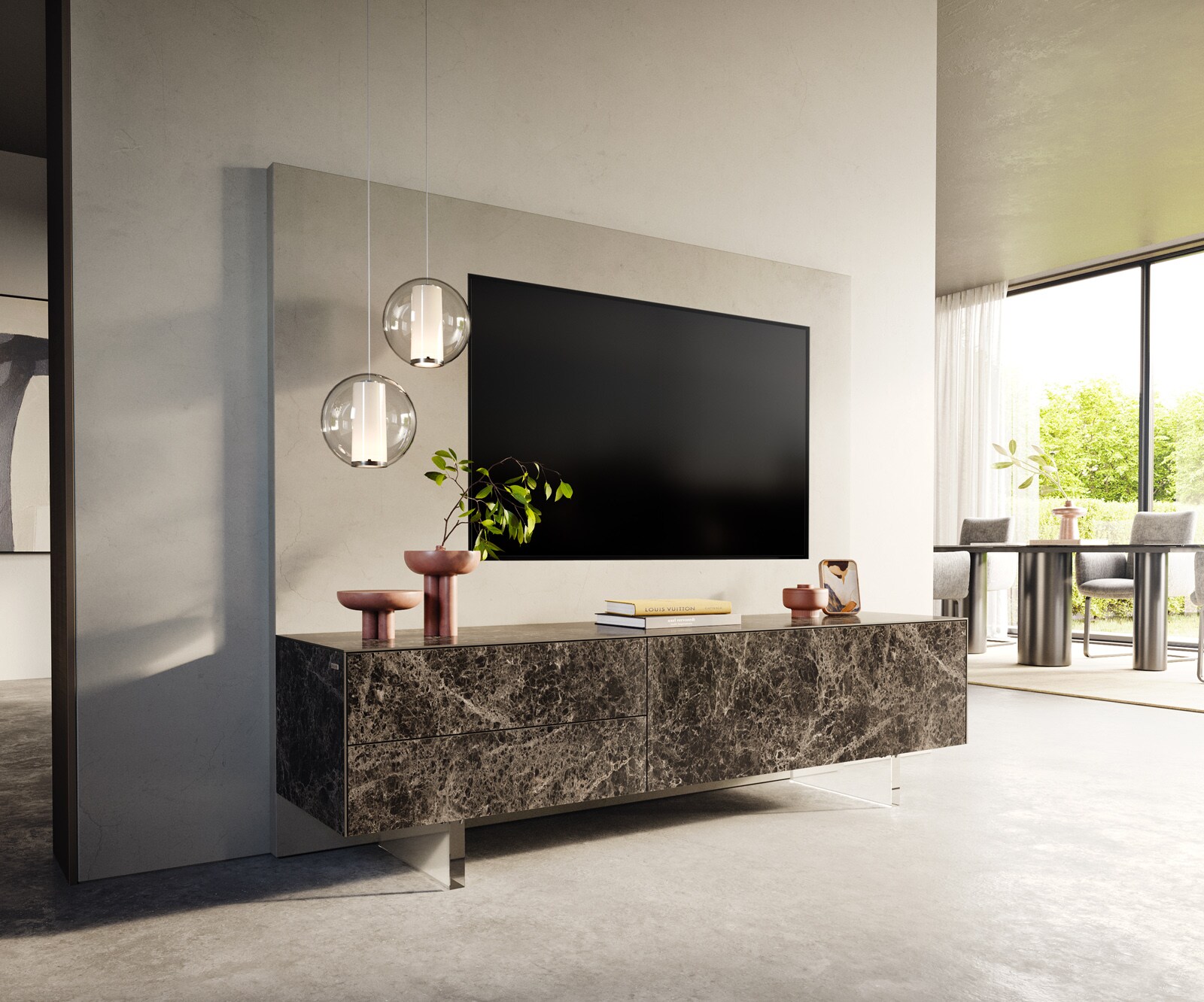 ТВ шкаф Cuor 180 см керамика Laminam® Emperador Extra Lucidato Тъмно-кафяво 1 врата 2 чекмеджета Основа Акрилно стъкло 1