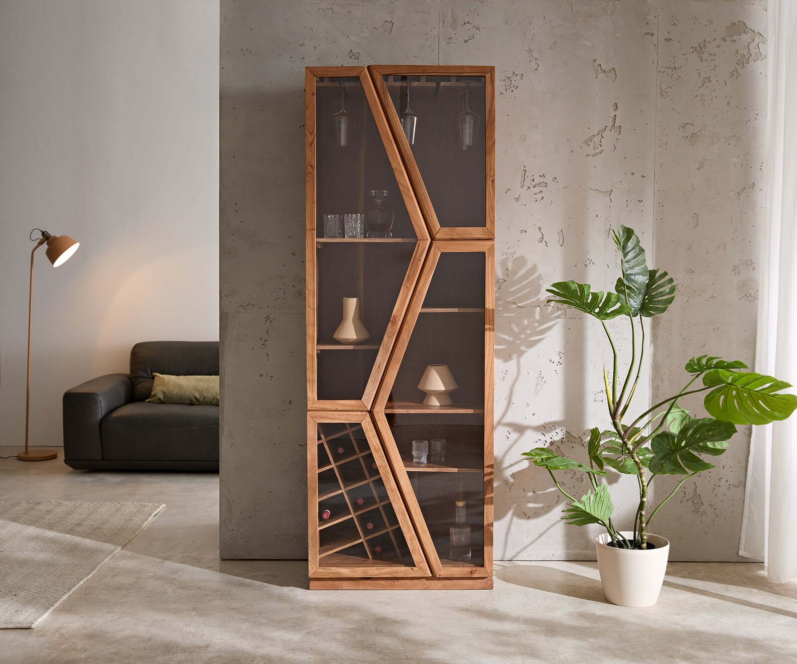 Витрина Taza 75x210 см, естествена акация, 4 врати, шкаф за алкохол 1