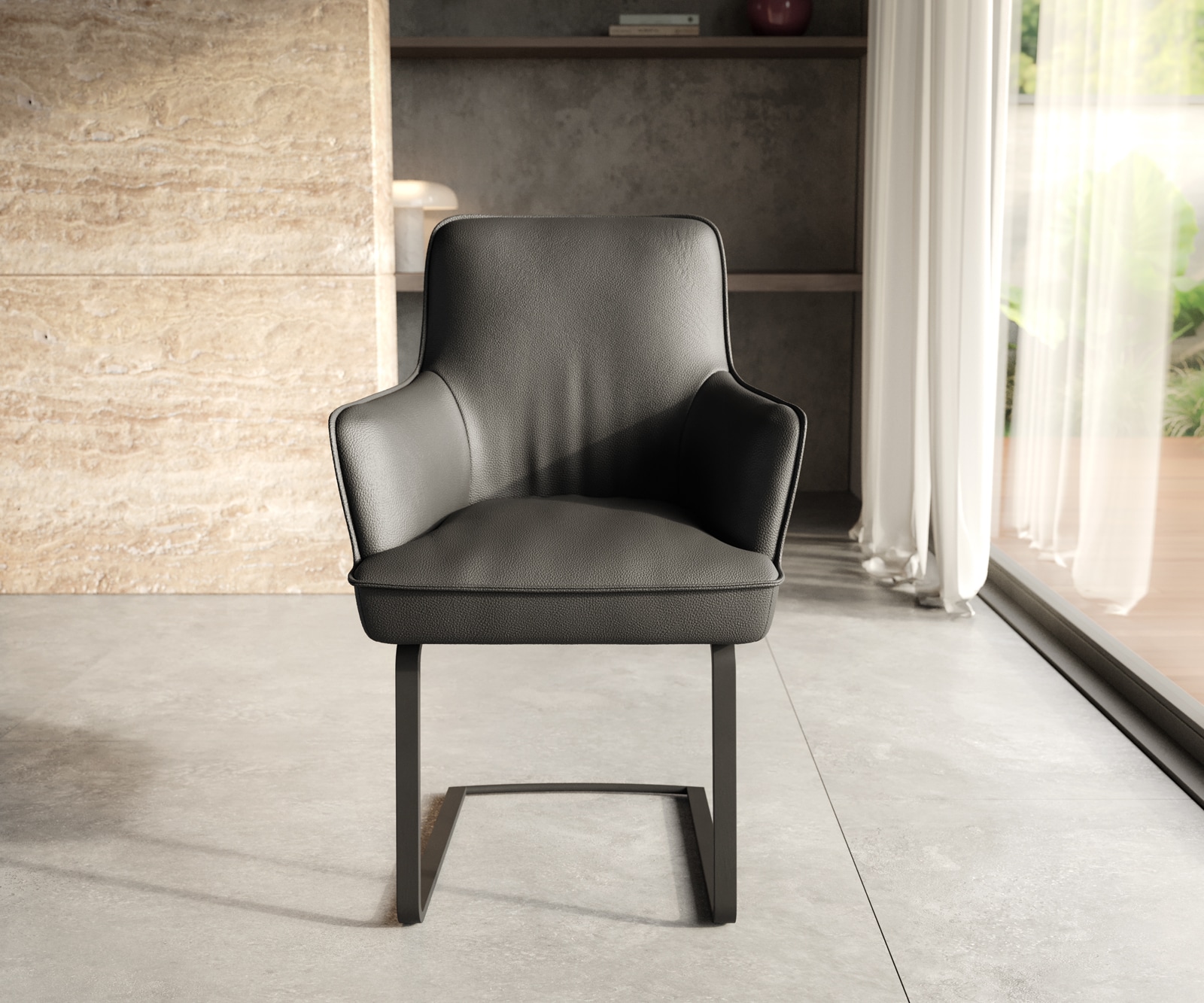 Люлеещ стол с подлакътници Естествена кожа Черен Конзолен крак плосък Черен Покет пружина Heira-Flex 6 Люлеещ стол с подлакътници Естествена кожа Черен Конзолен крак плосък Черен Покет пружина Heira-Flex 6