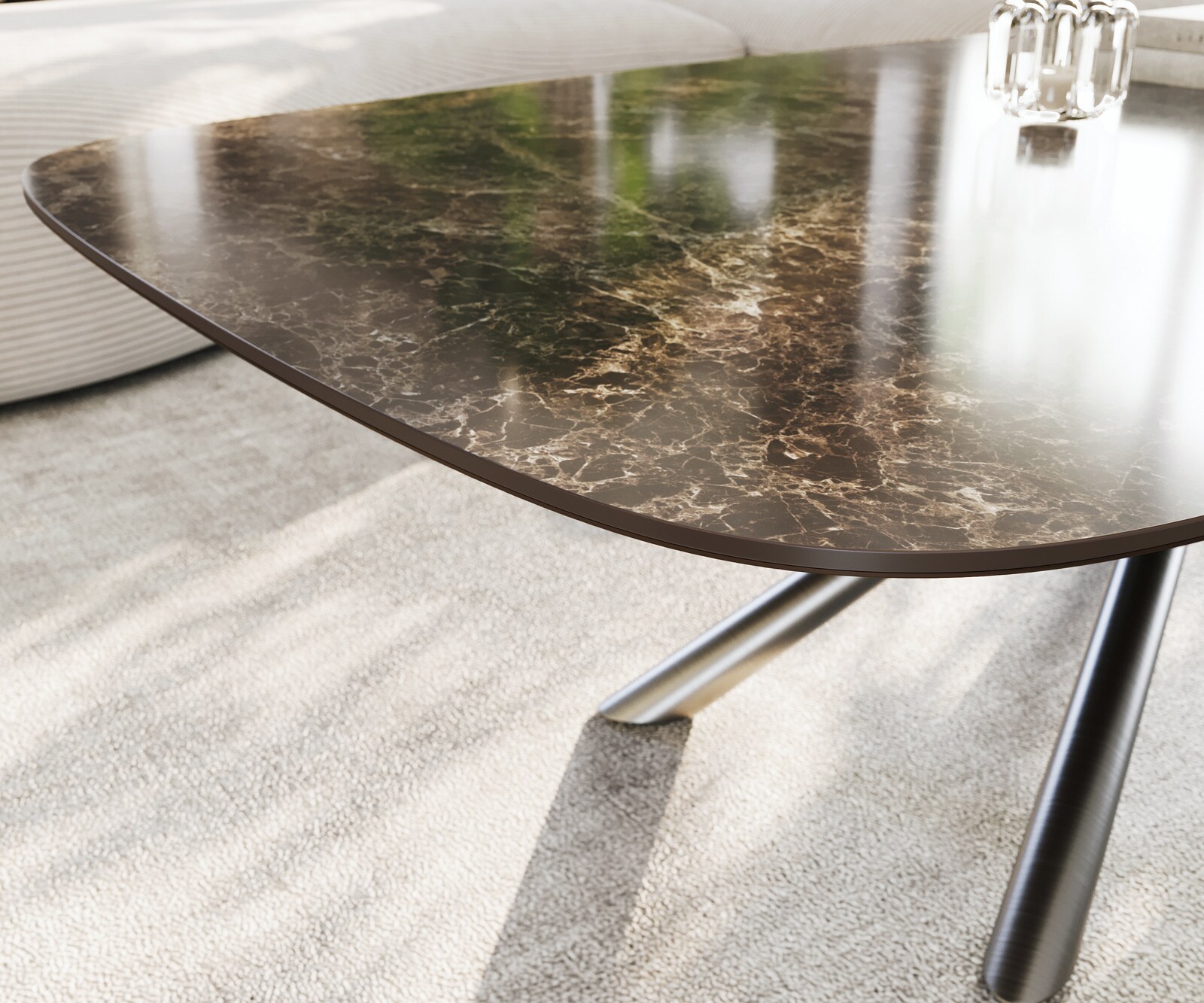 Масичка за кафе Edge Boot 140x80 cm Керамичен ламинат® Emperador Extra Lucidato Тъмно кафяво Sarity Матирана неръждаема стомана 6