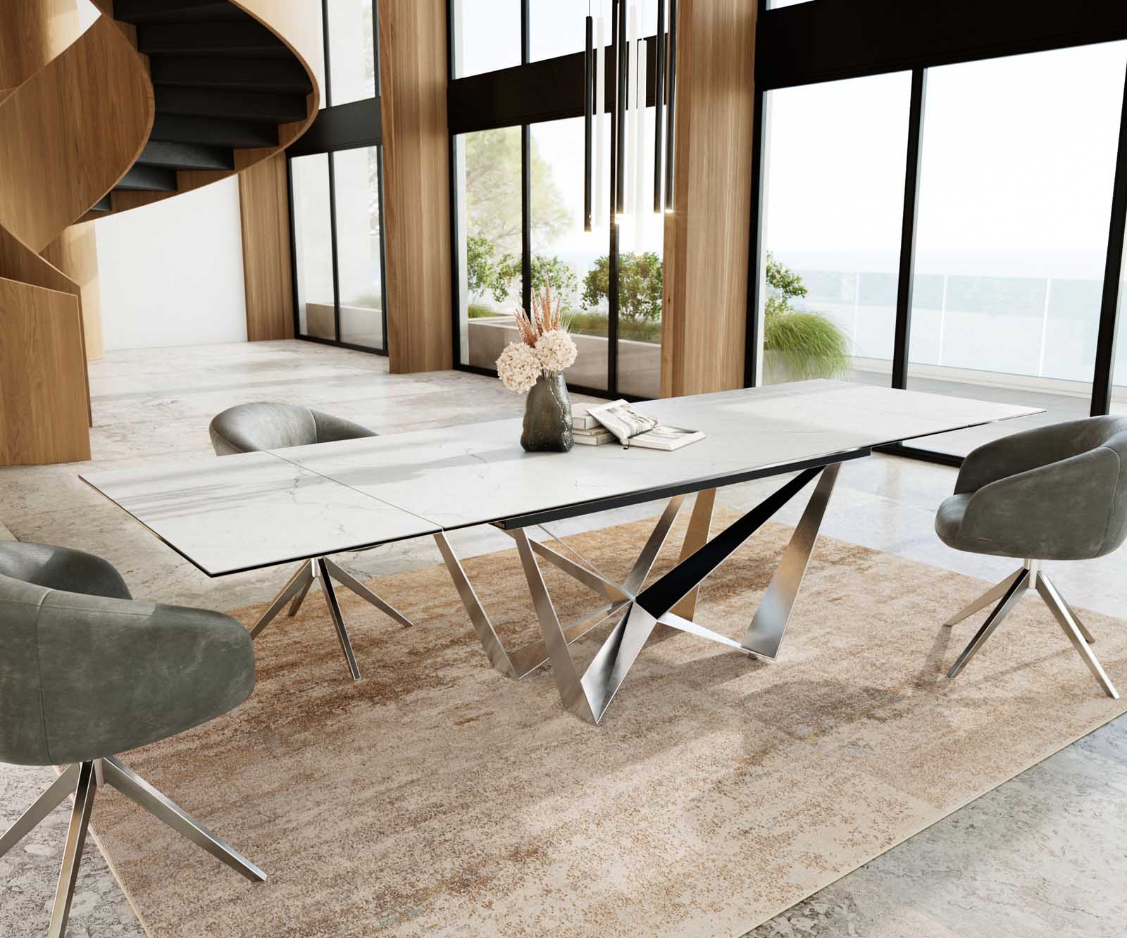 Разтегателна трапезна маса Edge 200-300х100 см Керамика Laminam®Statuarietto Бял Основа стомана тип Spider Сребристосив цвят 8
