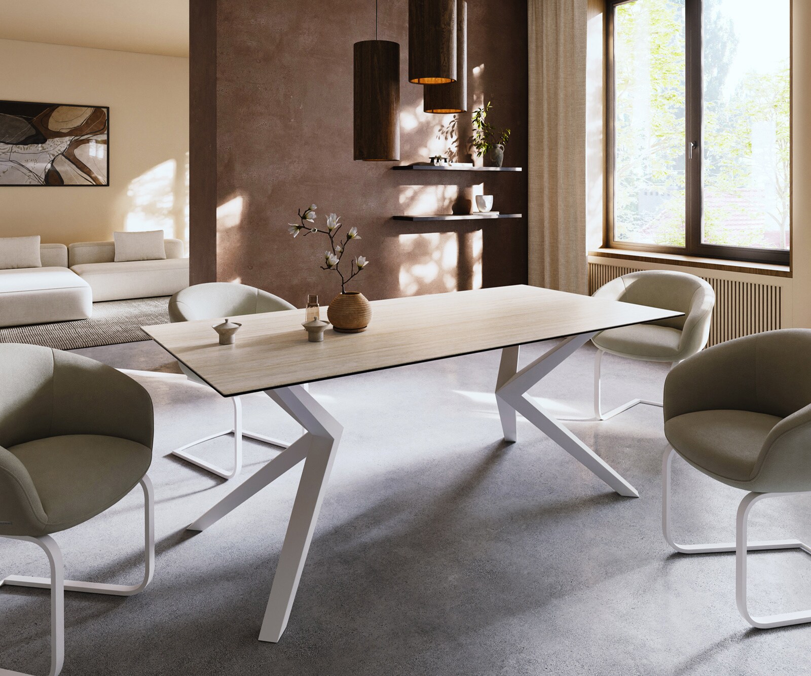 Трапезна маса Edge 200x100, керамика Laminam „®“, Travertino Bianco, кремаво-бяла, Zenthara, с остри ръбове, метал, бяла 1