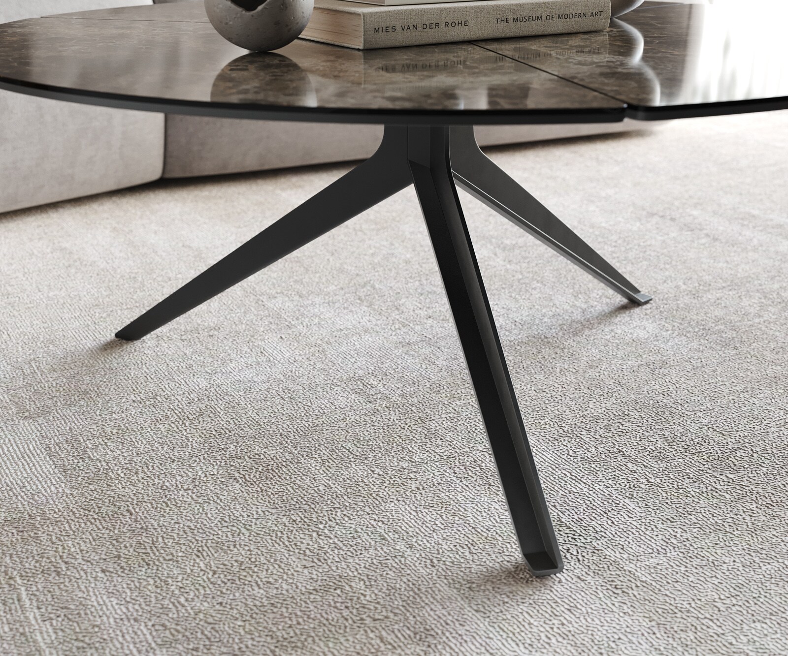 Масичка за кафе Delron 90x90 cm керамика Laminam®Emperador Extra Lucidato Тъмно кафяво Кръстосана основа Плосък метал Черен 4