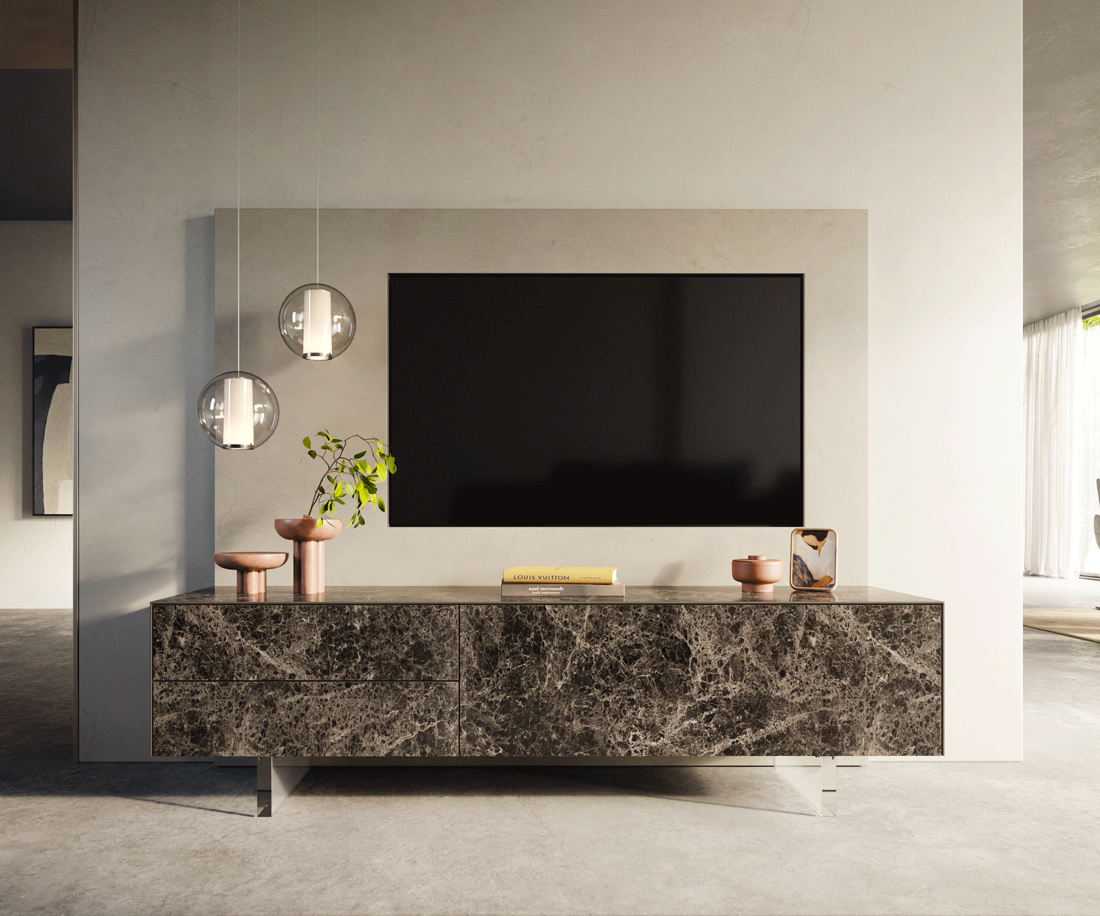 ТВ шкаф Cuor 180 см керамика Laminam® Emperador Extra Lucidato Тъмно-кафяво 1 врата 2 чекмеджета Основа Акрилно стъкло 2