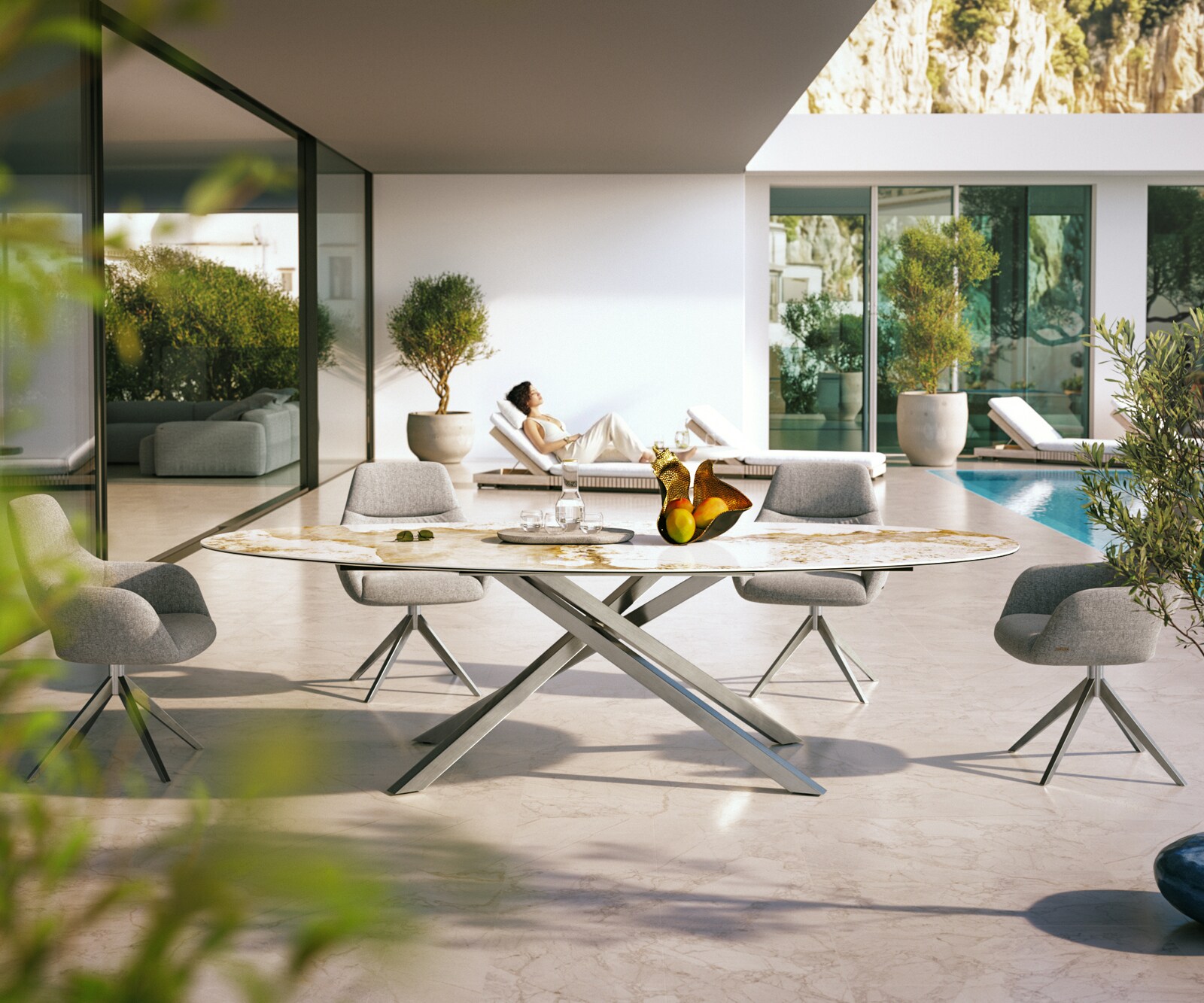 Маса Edge Овал 280x130 см, керамика Minas Melange, бяло-бежова, подходяща за външна употреба, кръстосана рамка, правоъгълна, неръждаема стомана 2