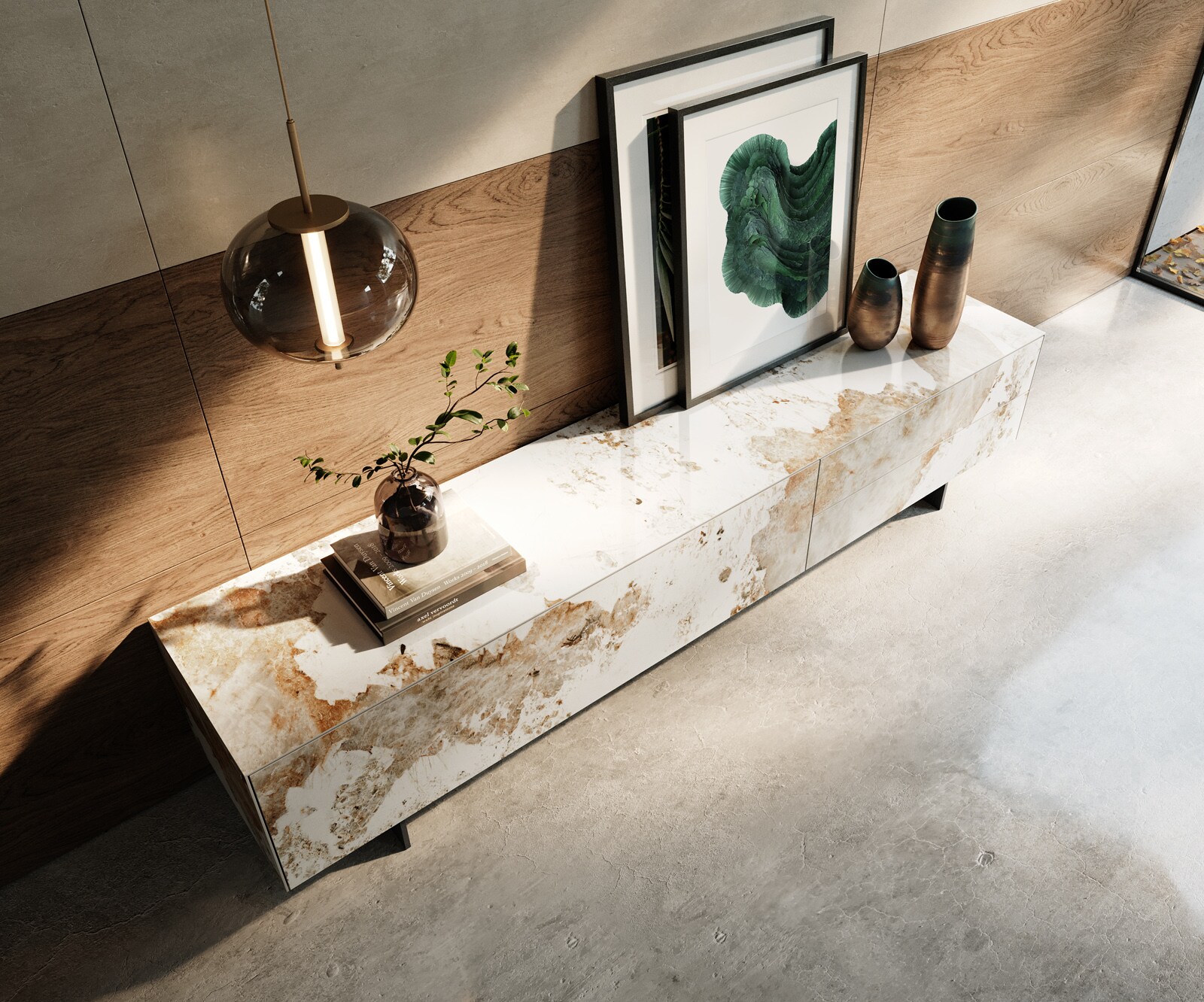 Ниска дъска Cuor 220 см Керамика Minas Melange Бяло-бежово 1 клапа 2 чекмеджета Основа Плаващ вид Метал Черно 4