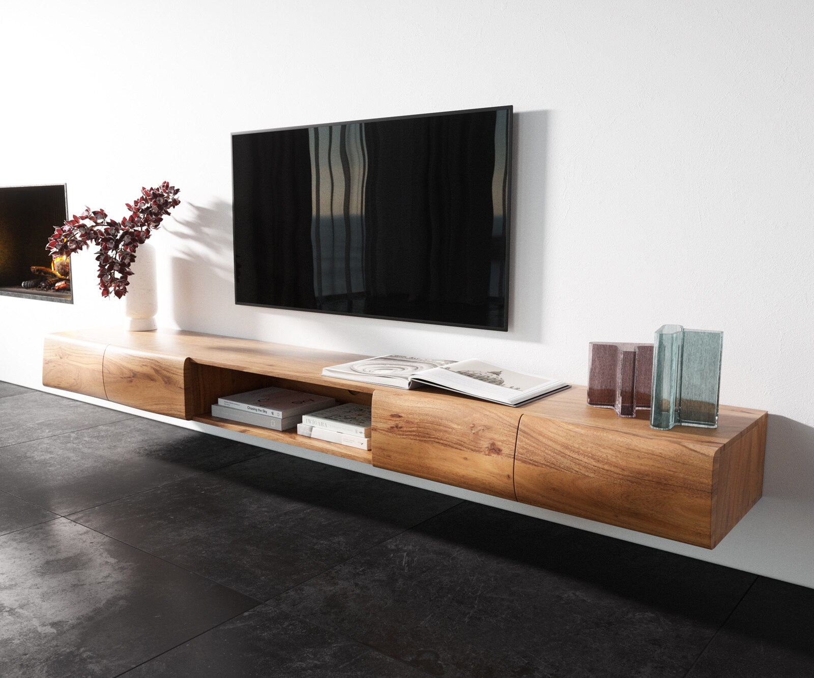 Стенен ТВ шкаф New Live-Edge 240 cm, Масив Акация, 4 Врати,1 отделение, Натурален цвят