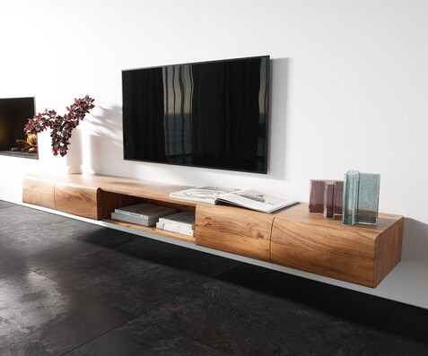 Стенен ТВ шкаф New Live-Edge 240 cm, Масив Акация, 4 Врати,1 отделение, Натурален цвят