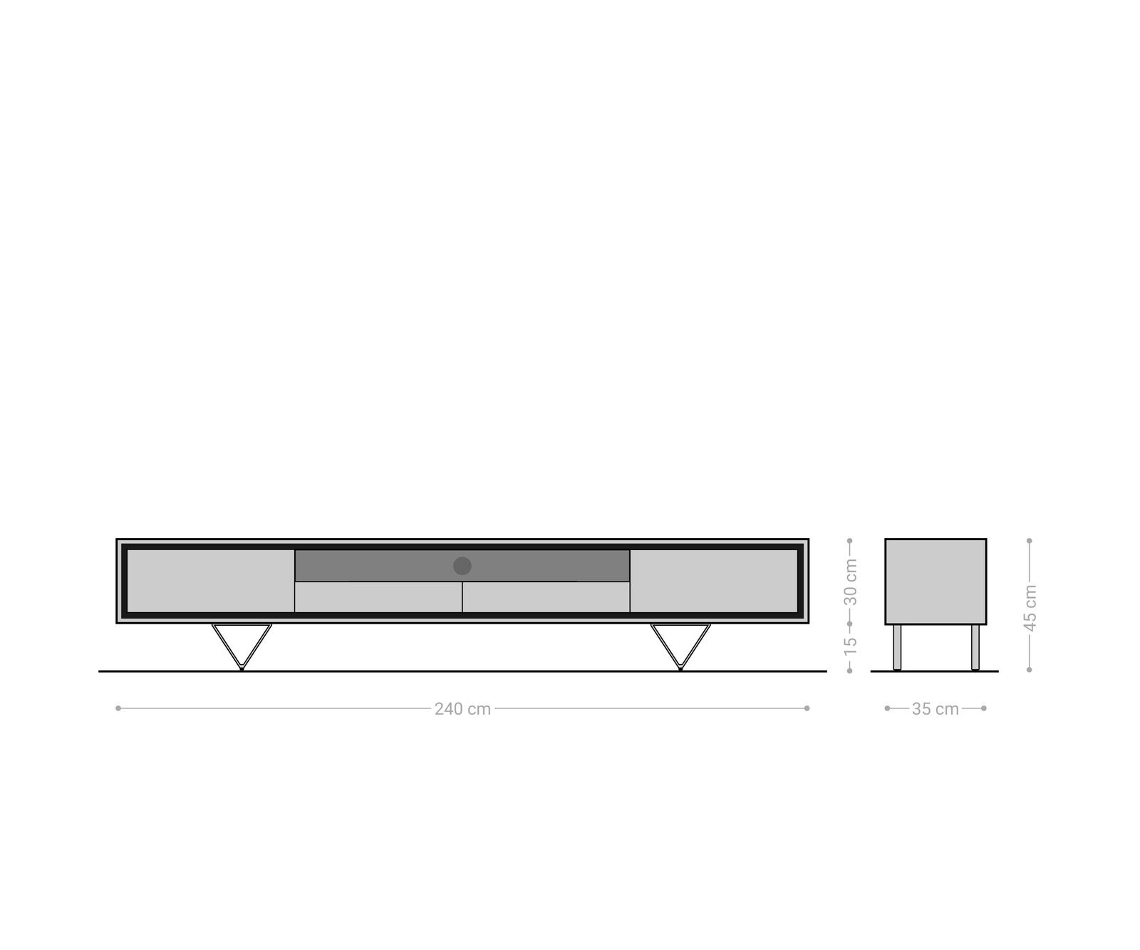 Нисък шкаф Stonegrace 240 cm естествен дъб 2 врати 1 отделение 2 чекмеджета каменен фурнир V-образен метален крак черен 9