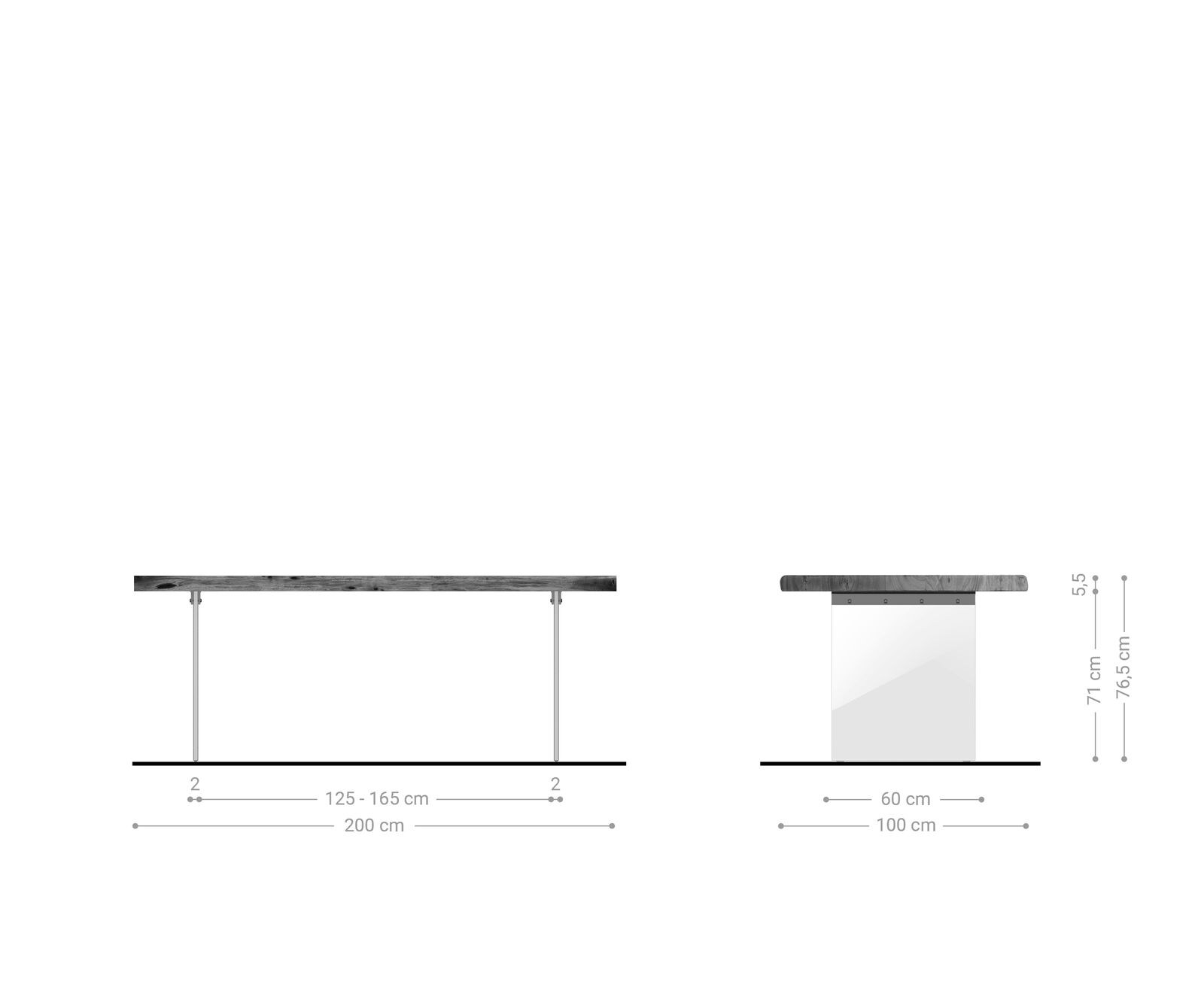 Трапезна маса Edge 200x100 XL от акация, платинен цвят, стъкло, Live-Edge 6