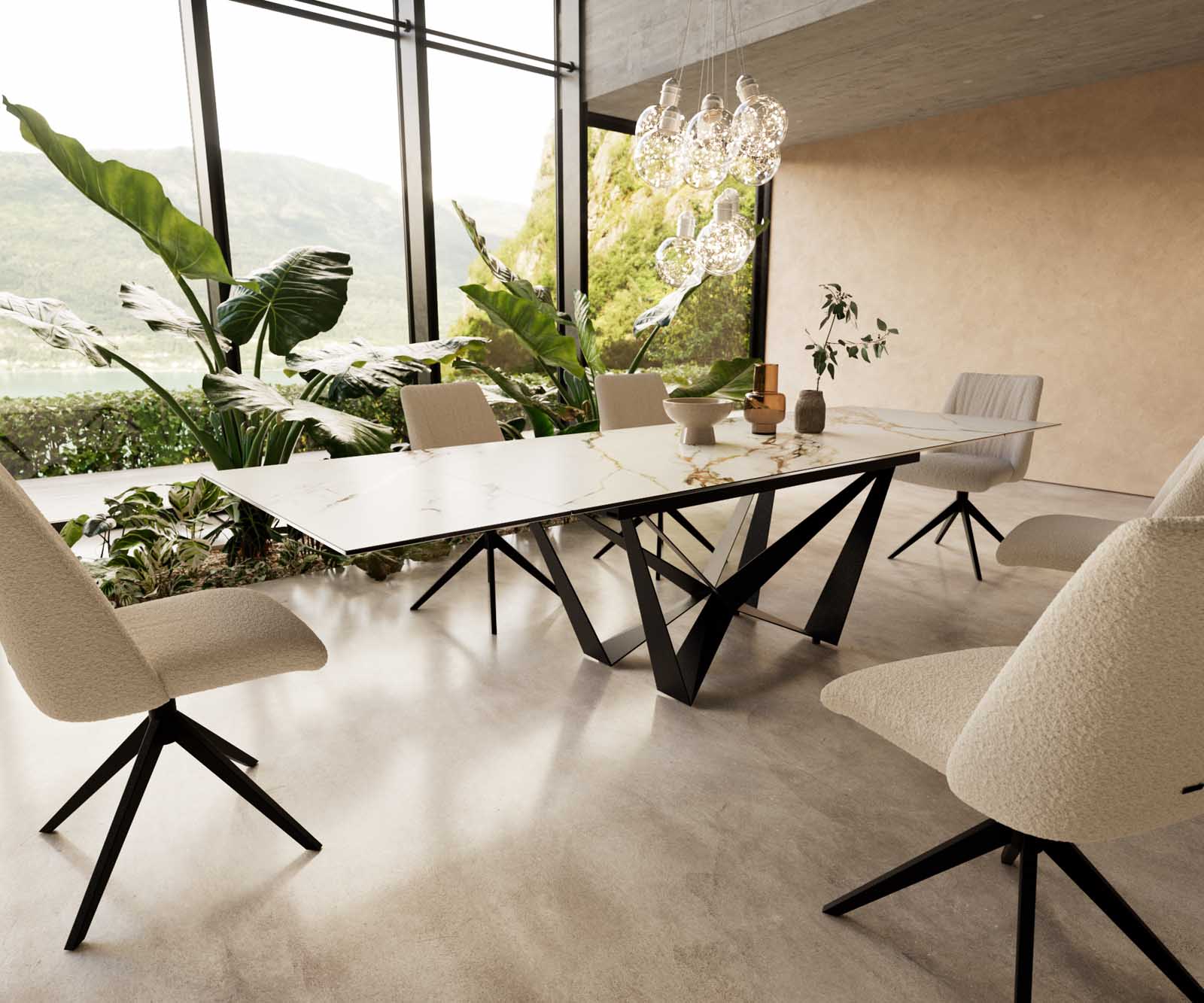 Разтегателна трапезна маса Edge 200-300x100 см Керамика Calacatta Luxe Бял-Злато-Сив Основа стомана тип Spider Черен