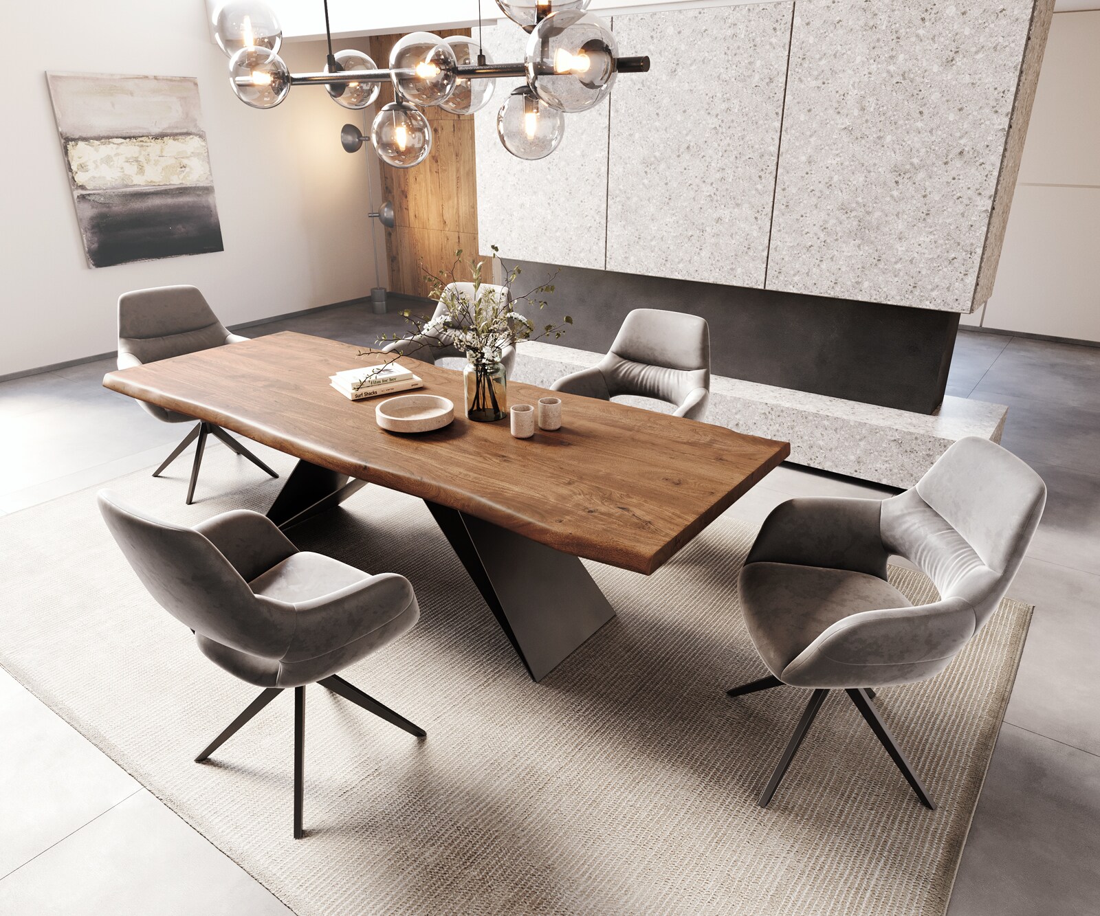 Трапезна маса Edge 260x100 XL от акация, кафява, с V-образна рамка от плоска стомана, черна, с естествена дървесна повърхност 5