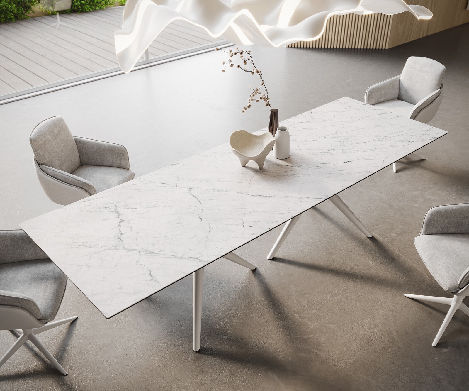 Трапезна маса Edge 300x100, керамика Laminam „®“, Statuarietto бяло, Estelar кръгла, метал бял 2