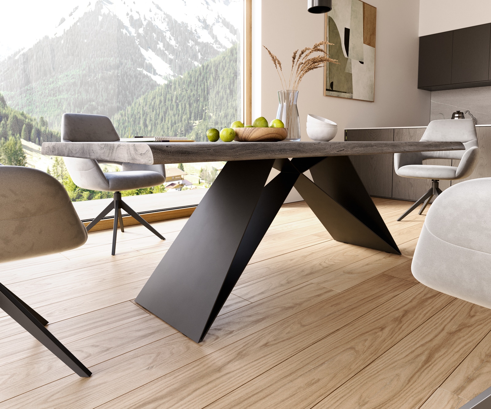 Трапезна маса Edge 220x100 XL от акация, цвят „Платина“, V-образна рамка от плоска стомана, черна, с естествени ръбове 5