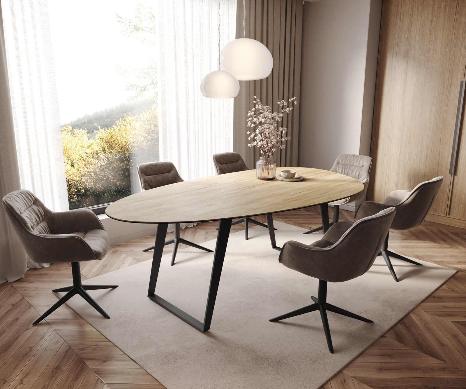 Трапезна маса Edge Oval 220x120 см, керамика Laminam „®“, цвят „Sabbia“ (в цвят на дъб), метал, наклонена, черна 7