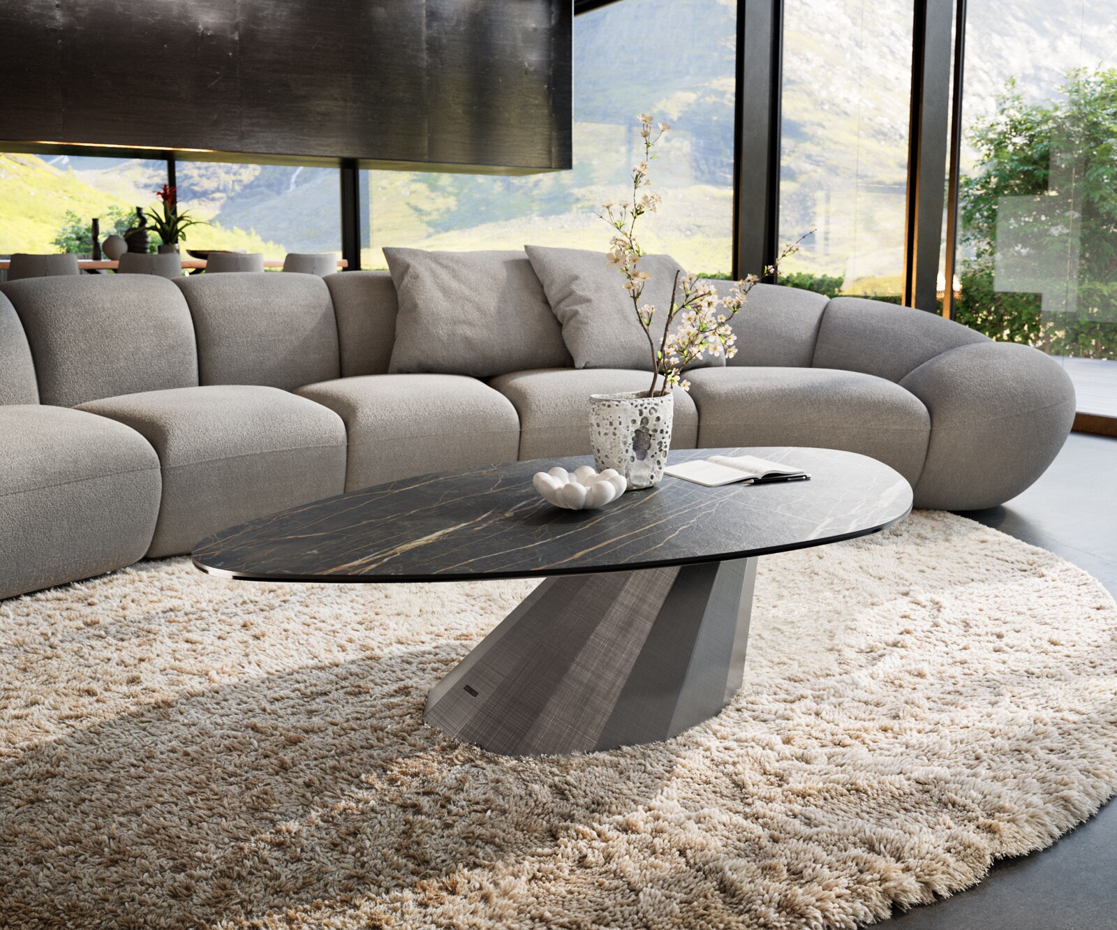 Масичка за кафе Edge Organic 140x76 cm Ceramic Laminam® Noir Desir Brown Parabi Metallic Silver