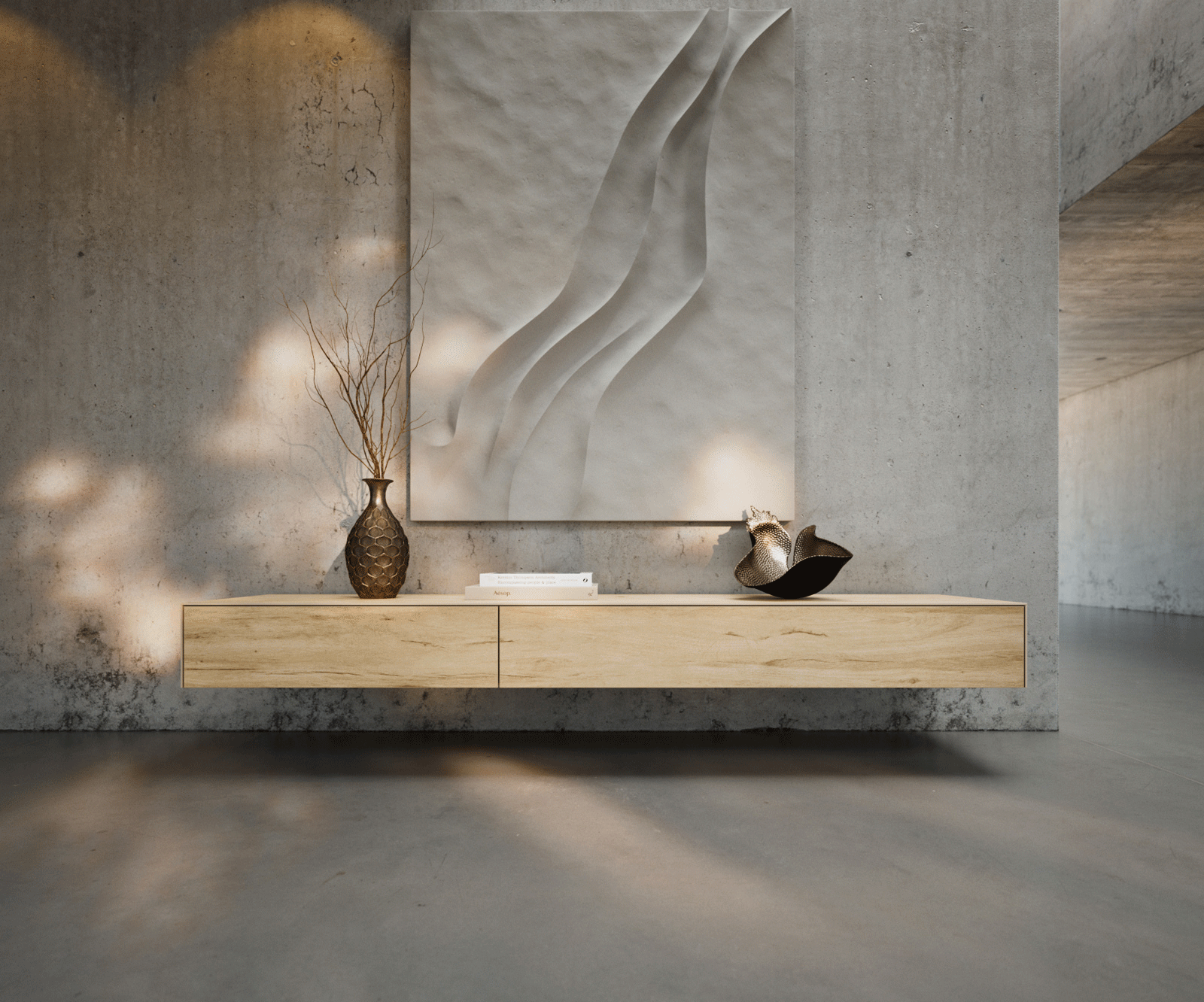 Стенен ТВ шкаф Cuor 200 см Керамика Laminam® Sabbia Дъб цвят 1 врата 1 чекмедже  1