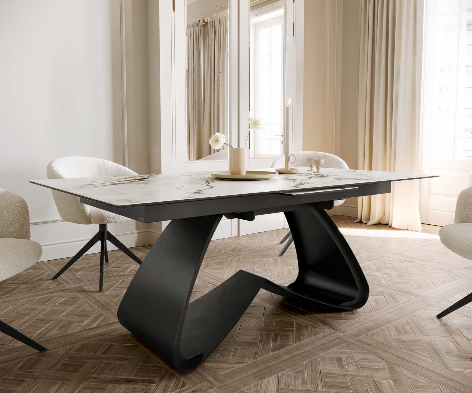 Разтегателна трапезна маса Edge 180-220х100 см Керамика Calacatta Luxe Бял-Злато-Сив W-образна основа Черен 6