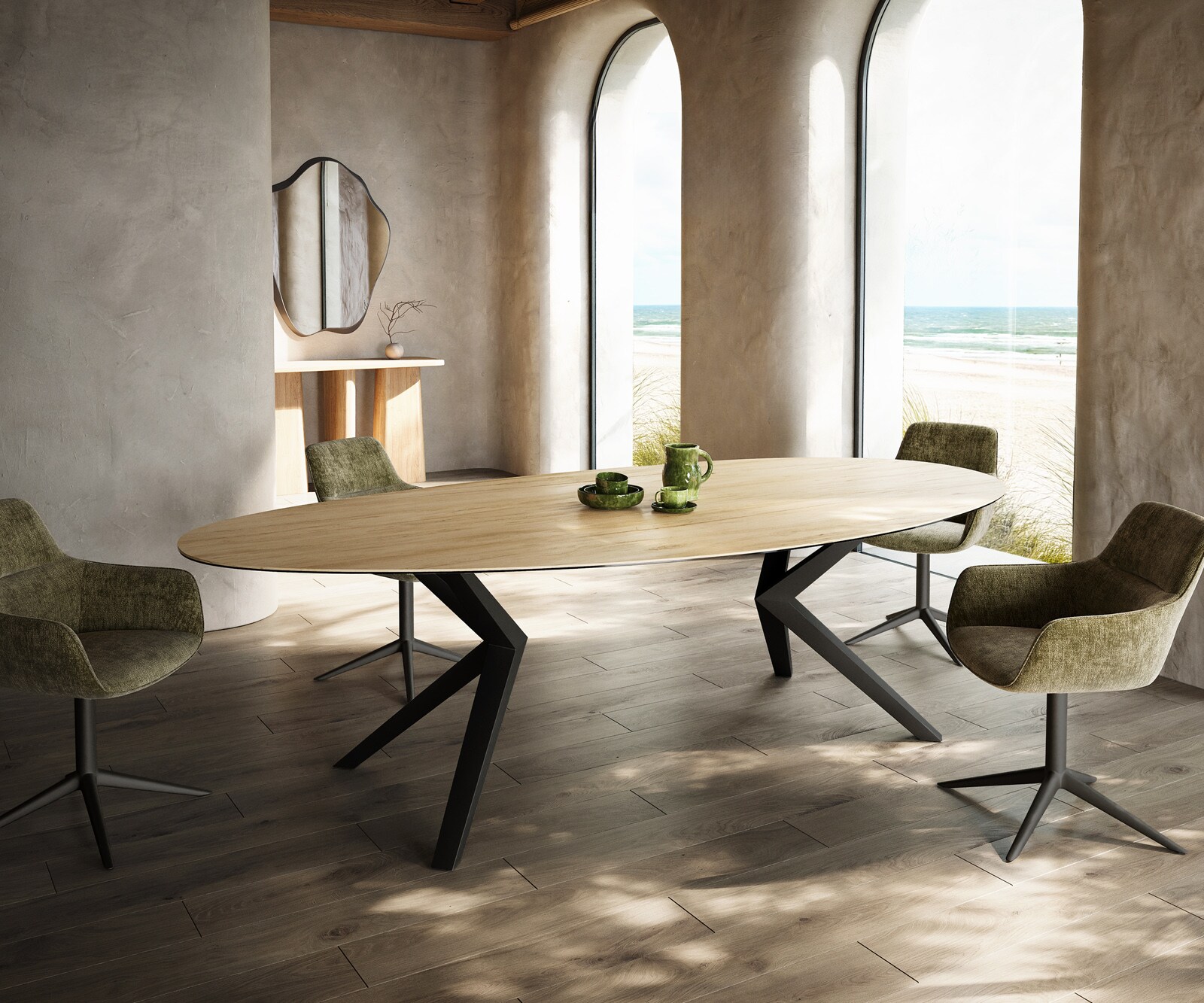 Трапезна маса Edge Oval 280x130, керамика Laminam „®“, цвят „Sabbia“ (дъбов), Zenthara, с остри ръбове, метал, черна