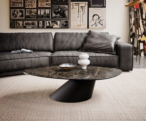 Масичка за кафе Edge Organic 140x76 cm Керамичен ламинат® Emperador Extra Lucidato Тъмно кафяво Conis Metal Black
