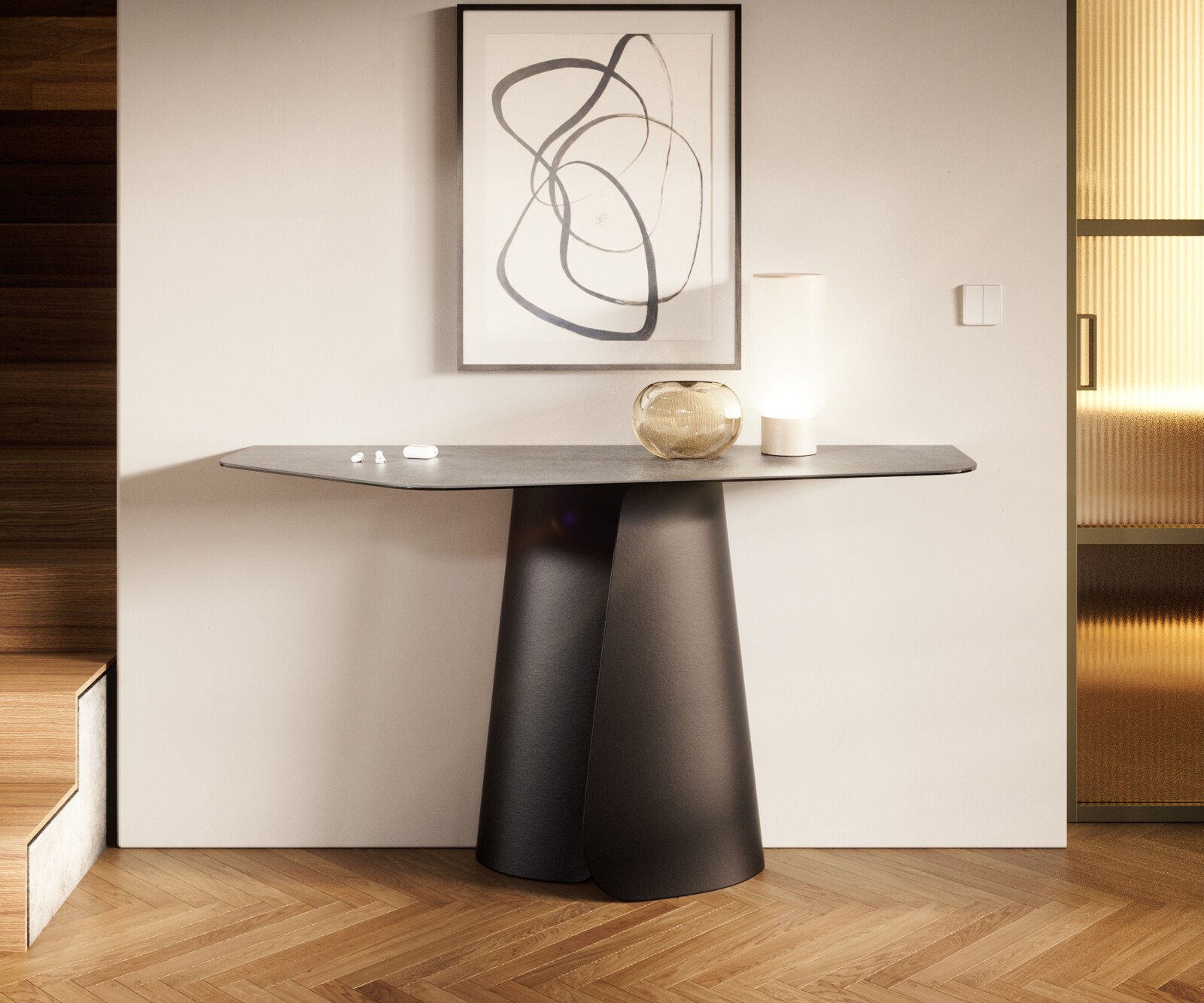 Конзолна маса Edge Polygonal 140x50 см, керамика и бетон в сиво, метал Spios в черно 1