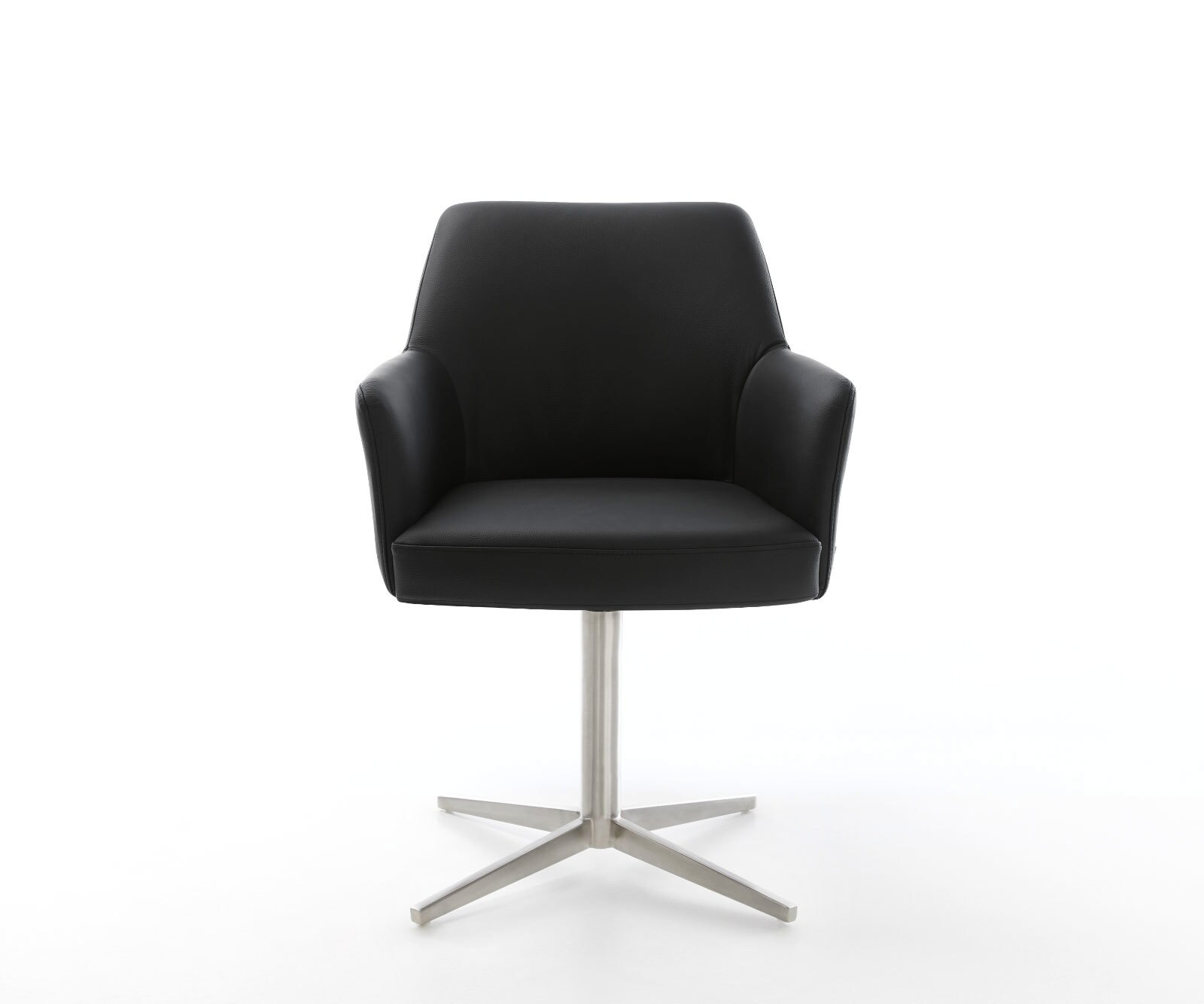 Врътящ се стол с подлакътници Естествена кожа Черен Офис основа Неръждаема стомана 360° въртящ се Покет пружина Xana-Flex 2